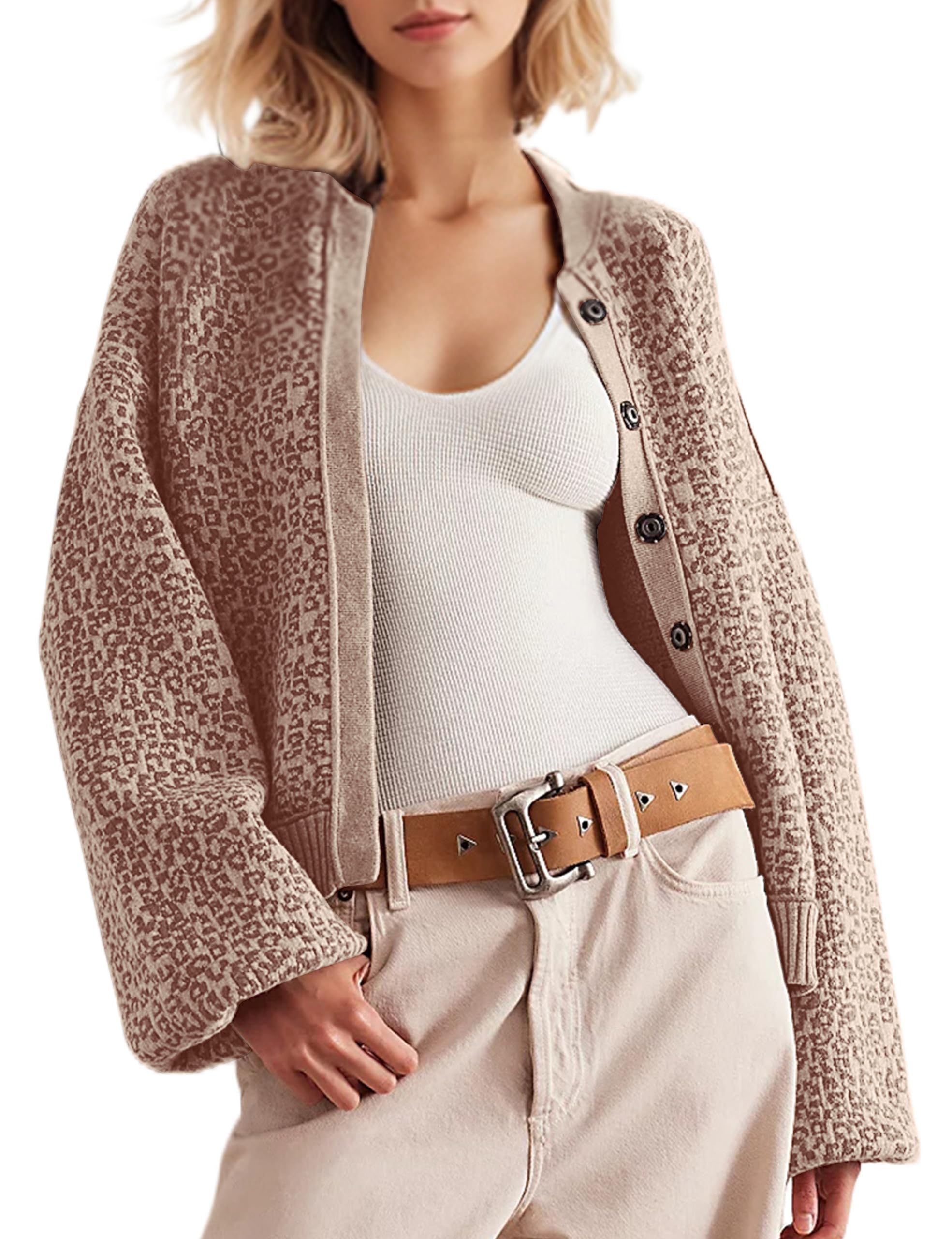 Women Slouchy Leopard Print Cardigan Sweaters Crew Neck Long Sleeve Button Down Knit Sweater Top Cheetah Graphic Coat