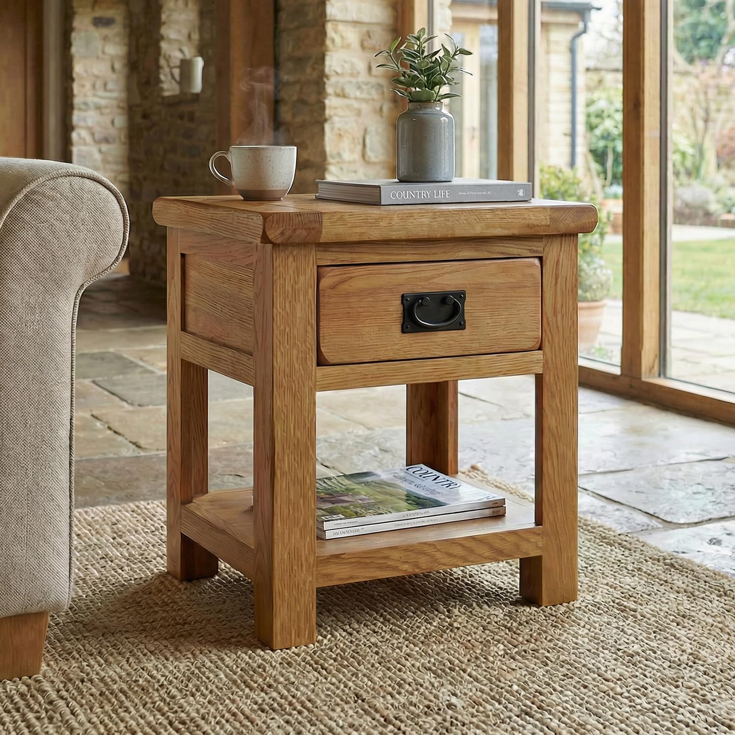 Rustic Oak 1 Drawer Lamp Table | Solid Oak Side Table with Storage Drawer & Lower Shelf | Dark Oak Finish | Handcrafted Country Style Living Room Furniture | H550 x W500 x D400mm