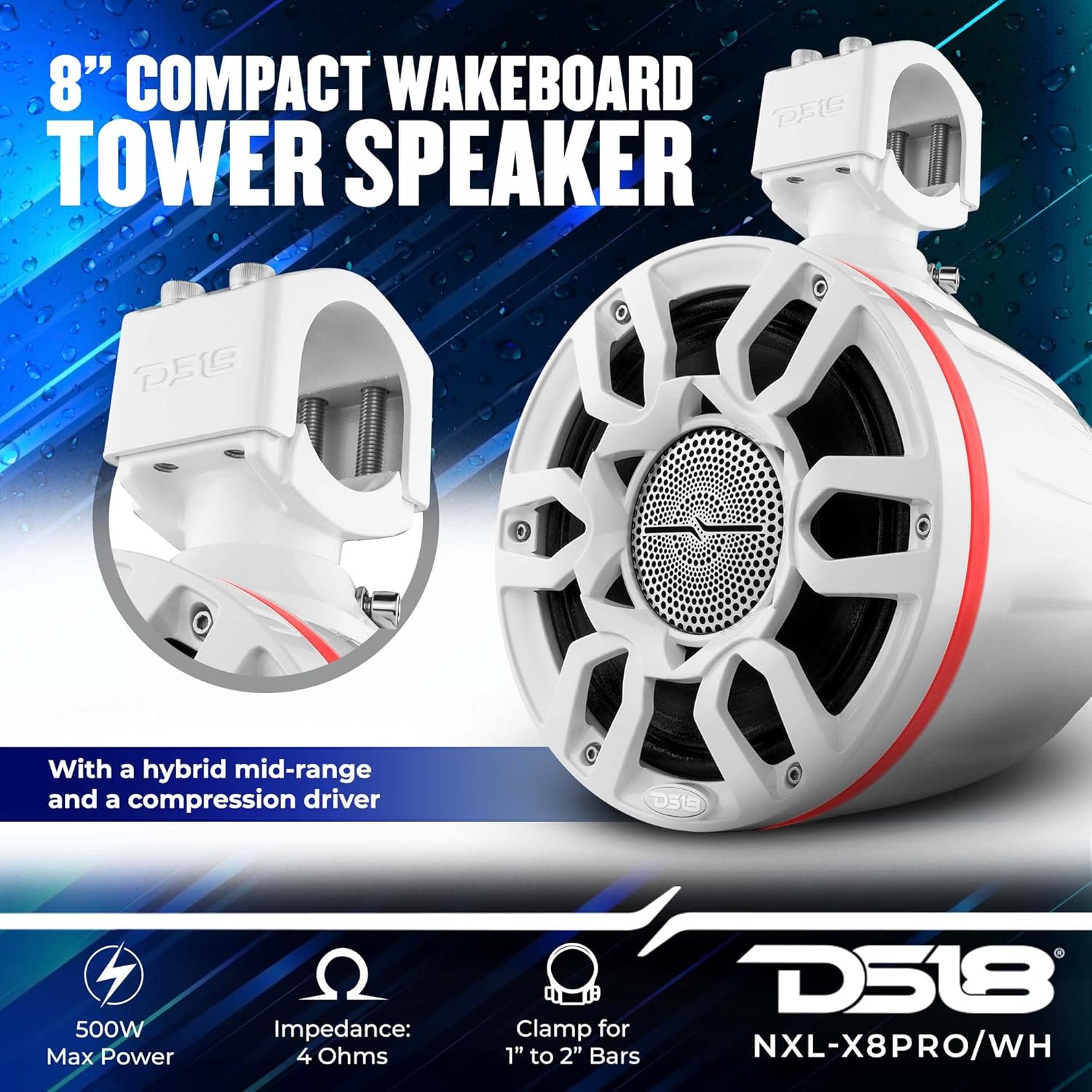 DS18 Hydro NXL-X8PRO/WH 8" Compact Wakeboard Tower Speakers with Hybrid Mid-Range & Compression Driver Loudspeaker, Integrated RGB LED Lights, 500 Watts, Speaker Cover Included – Pair