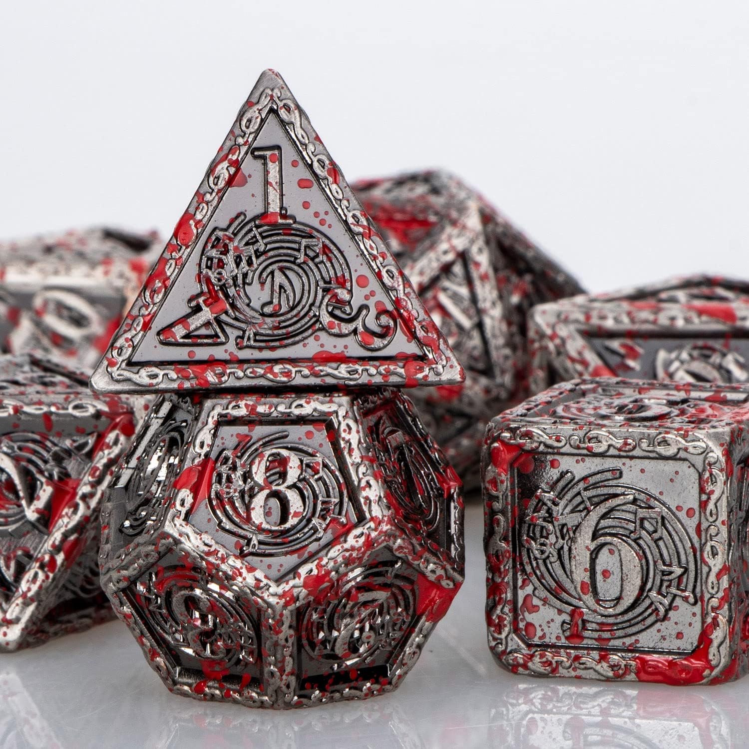 ARUOHHA DND Music Metal Dice Set with Gift Box, Dungeons and Dragons Polyhedral Dice Blood 6 Sided D&D Dice RPG Role Playing Games 7PCS D and D Dice Set D20 D12 D10 D8 D6 D4