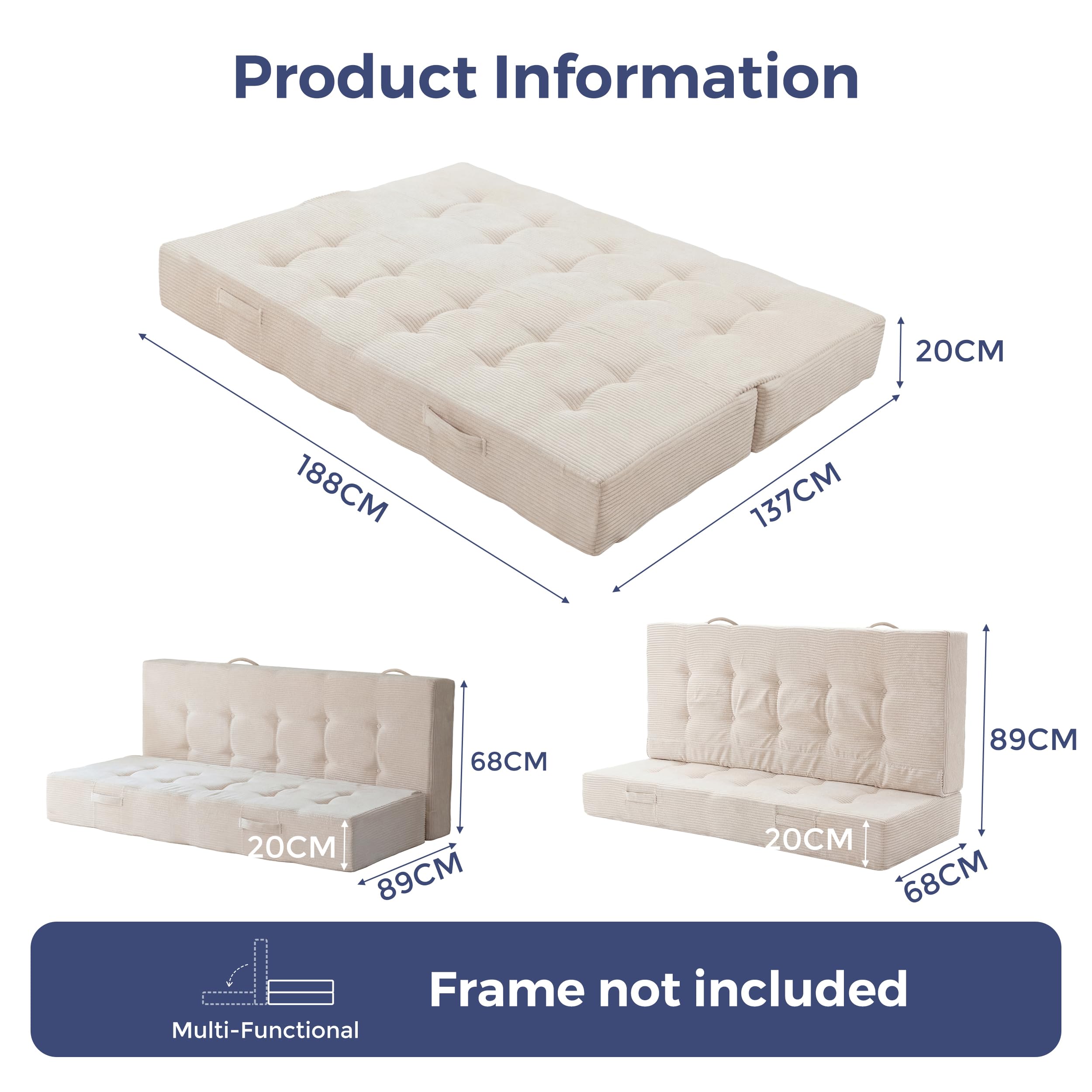 MAXYOYO Matelas Pliable 20 cm, Confortable avec Poignées, Canapé à Mousse Mémoire de Forme Extra Épais, Polyvalent pour Dormir par Terre, pour Salon et Chambre d’Ami