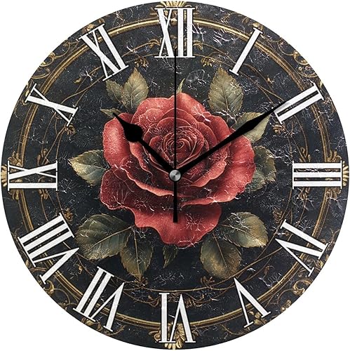 Miniatura 1 de KLL Retro Red Rose 10 Inch Round Home Wall Clock noiseless Decor for Home School Office relojes de pared para cocina