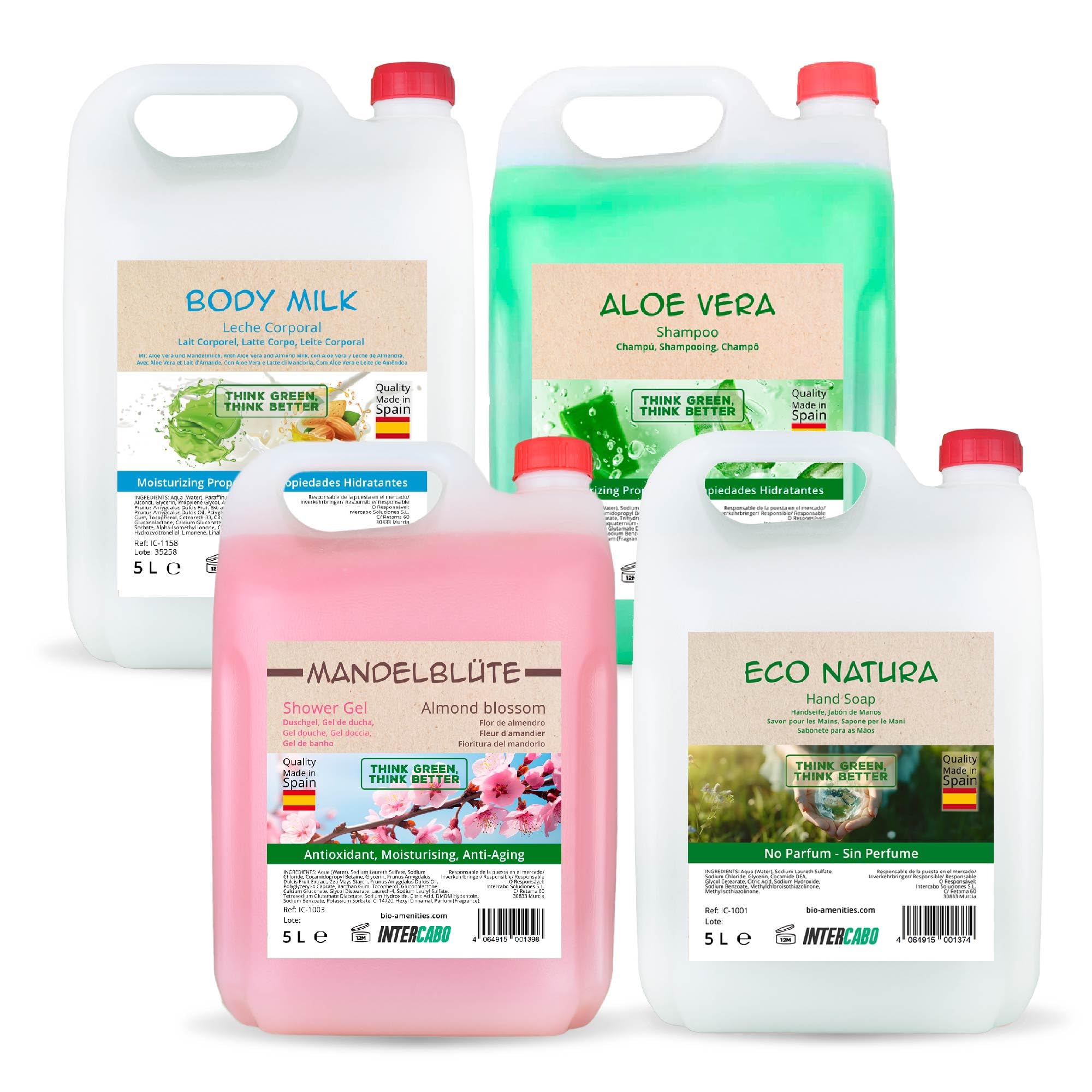 Lot de 4 flacons de 5 L, gel douche fleur d’amande, shampooing aloe vera, savon mains Eco Natura, lait corporel hydratant, hygiène complète quotidienne