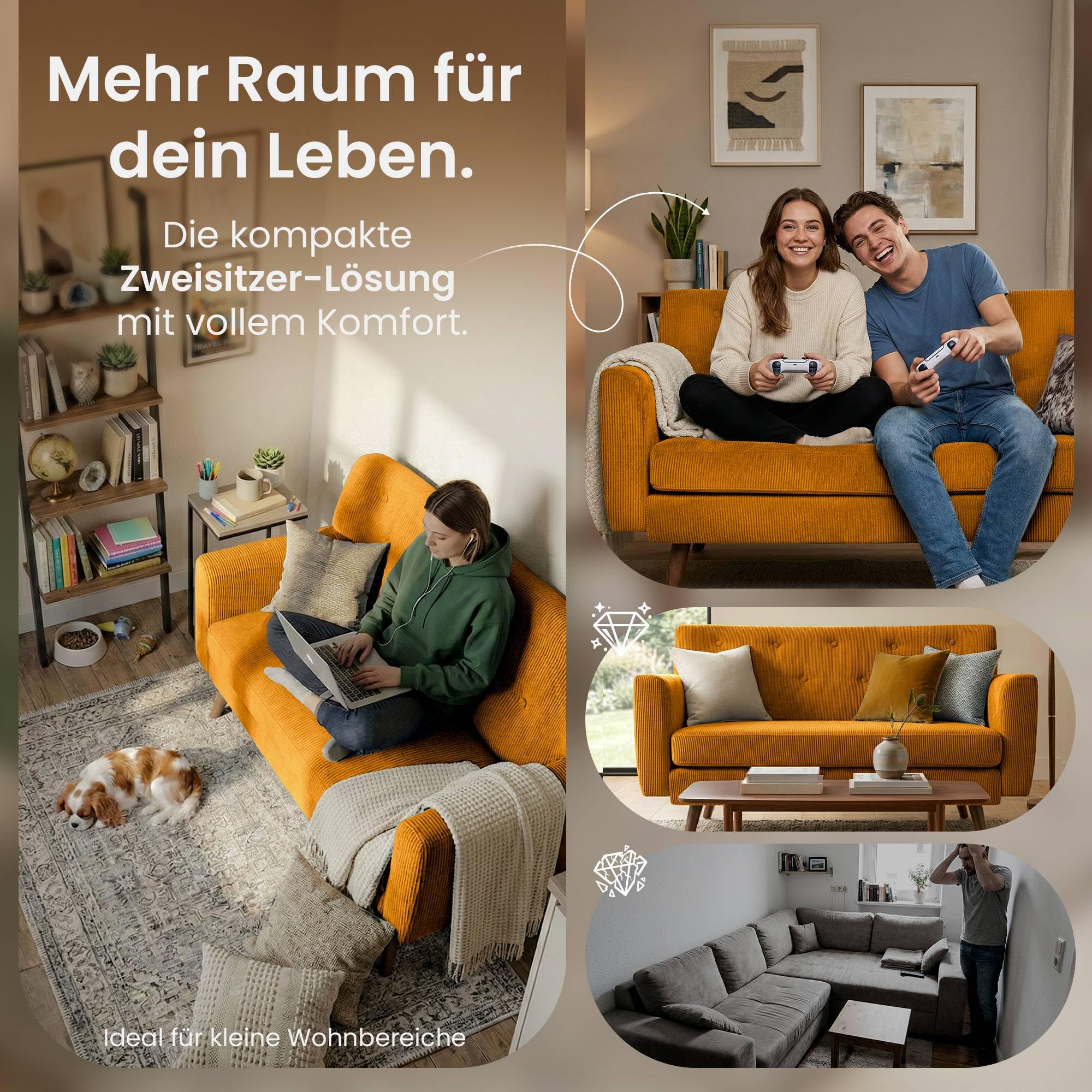 CLP Sofa 2-Sitzer mit Cordbezug Kioni, Couch bequem für Wohnzimmer, komfortabel gepolstert, bis 240 kg belastbar, Beine aus Kautschukholz, Farbe:orange