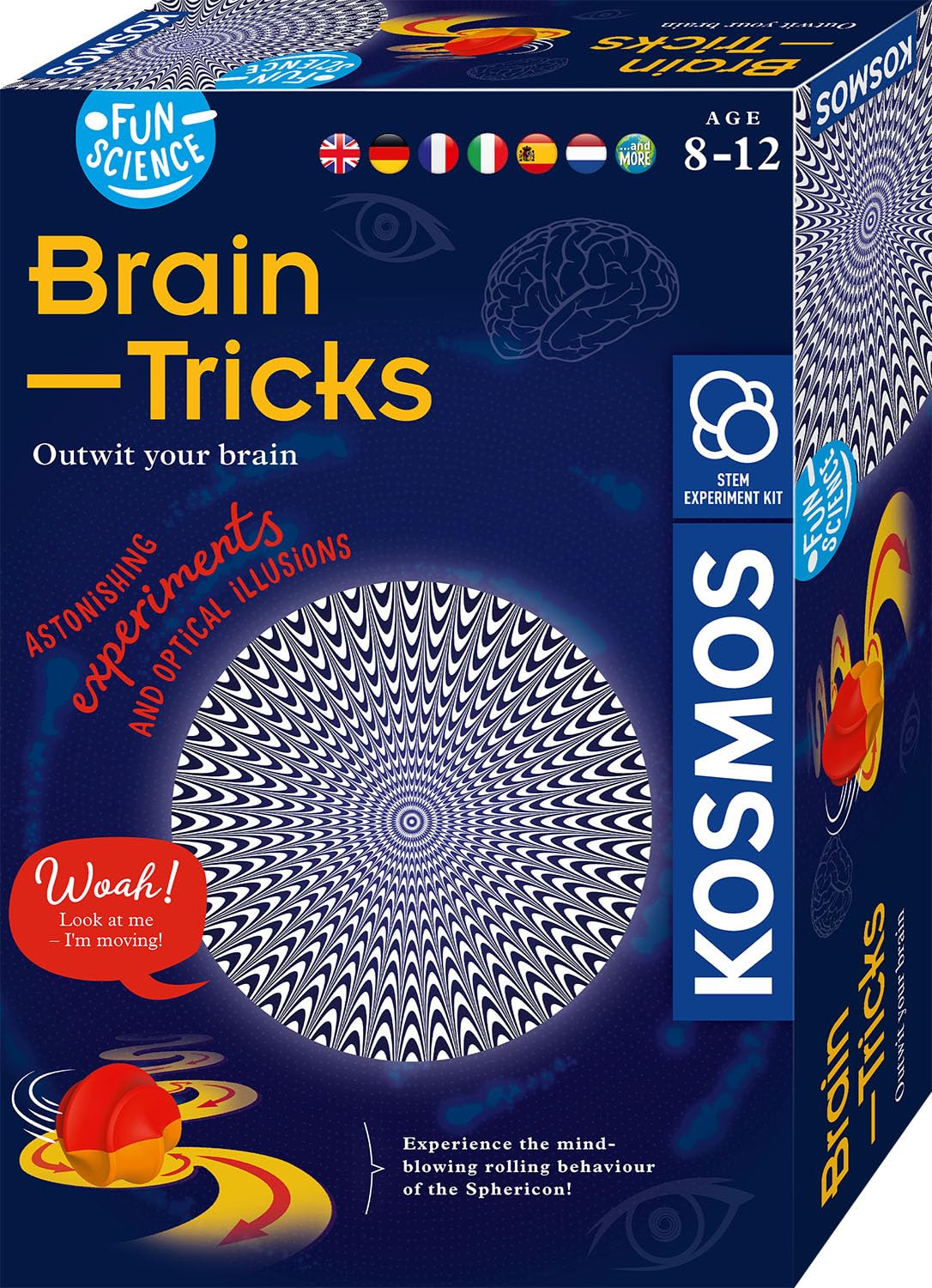 KOSMOS 617530 Fun Science Brain Tricks, mehrsprachige Anleitung, Experimente mit optischen Täuschungen und Illusionen mit 3D-Brille, Sphericon, Schiefer Raum, Experimentier-Set für Kinder ab 8 Jahre