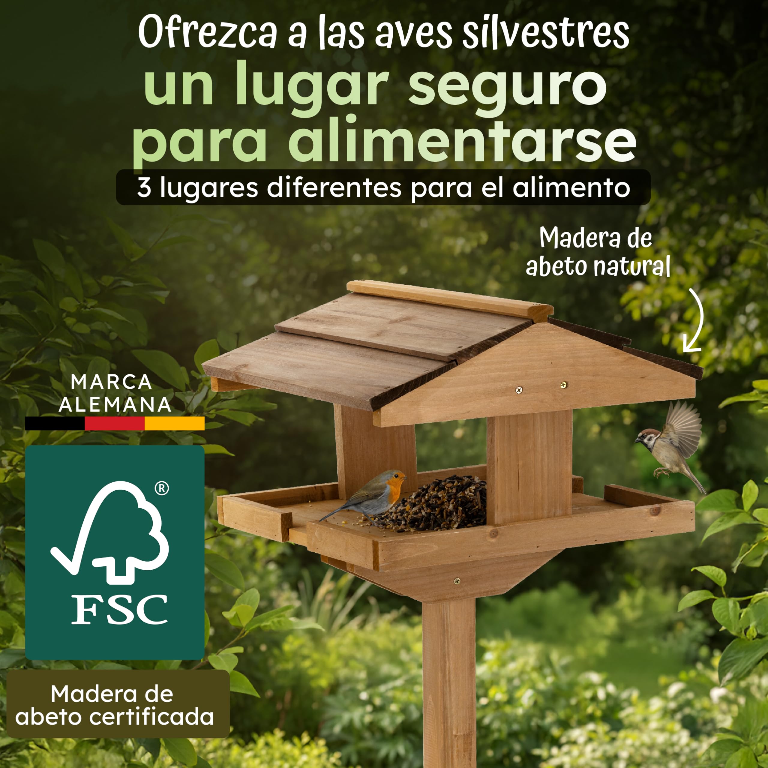 Moorland Casa para Pájaros Abierta con Soporte Comedero Madera Abeto FSC® | 114cm Marrón Techo Oscura Kit de Montaje Grande Jardín Balcón Resistente al Clima aves VH4