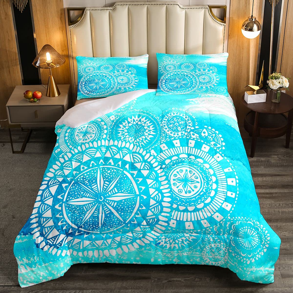 Loussiesd Bohemian Mandala Soft Duvet Hippie Mandala Floral Bedding Set Ethnic Flower Sea Blue with 2 Pillowcases 3Pcs Bedding King