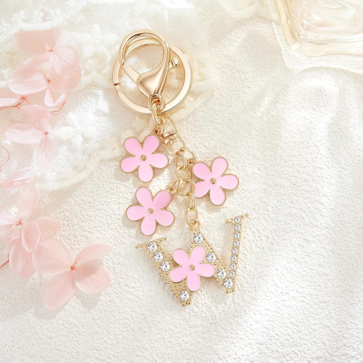 Gold Initial Letter Keychain For Girls Women Pink Flower Bag Charms Purse Handbag Cute Keyring image 5