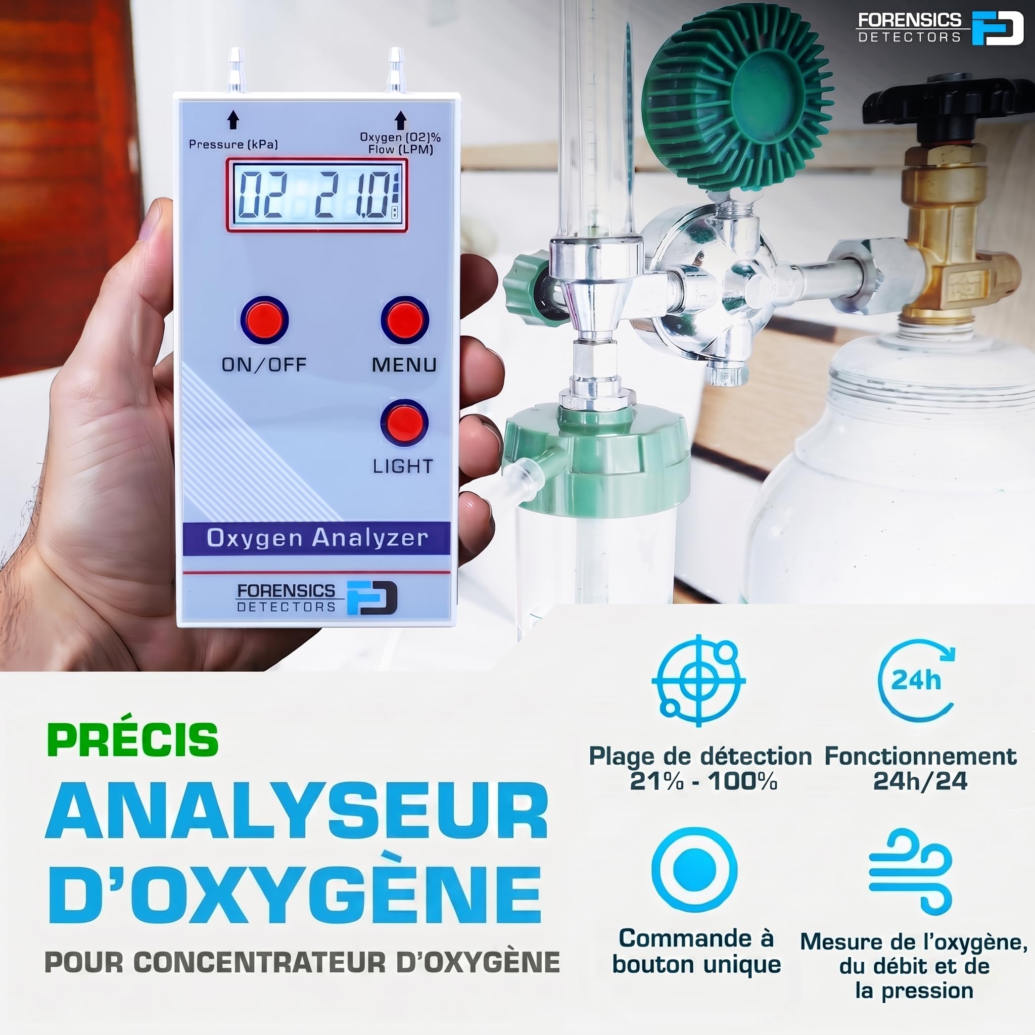 Oxygen Analyzer by Forensics | 21%-100% | O2, Flow & Pressure Digital Readout |