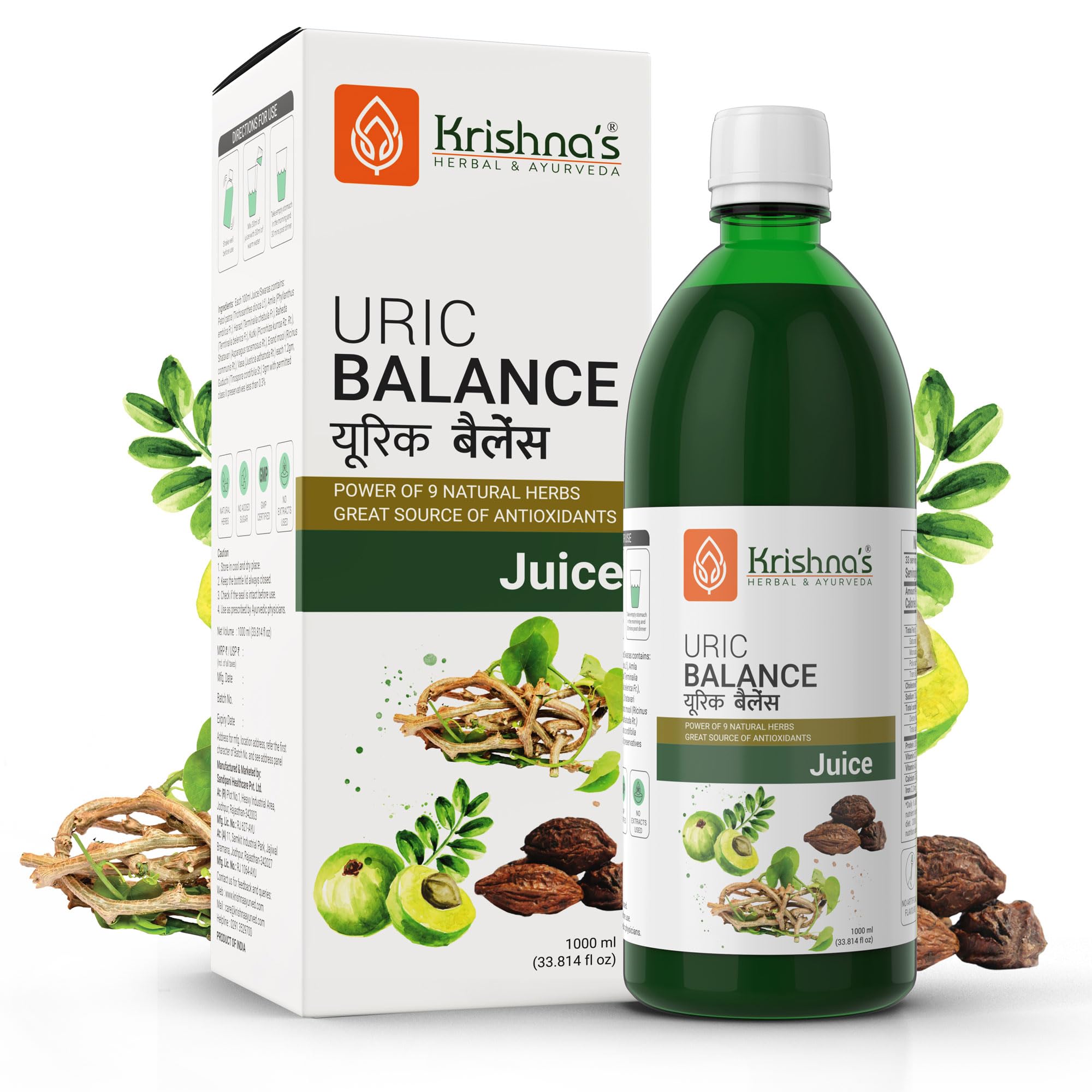 KRISHNA'S HERBAL & AYURVEDA Uric Balance Juice 1000 Ml | Balancing Uric Acid Naturally | Power Of Kutki, Adusa, Arand Mool & 6 More Herbs