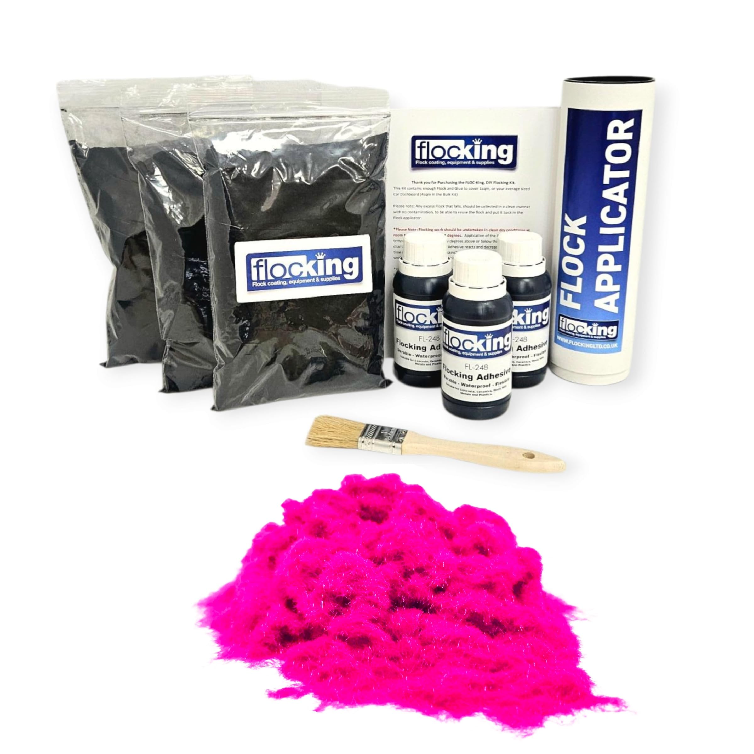 FLOC-KING Triple Flocking Kit for Car Dashboards & Interiors - Professional DIY Flock Application Set - Includes 3sqm Nylon Fibres, Adhesive & Applicator (Fluorescent Pink)