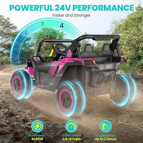 Vista 5 de Hikole Juguetes de Montar de 24V para Niños y Niñas, UTV para Niños de 2 Asientos con Control Remoto para Padres, Funciona con Motores de Batería
