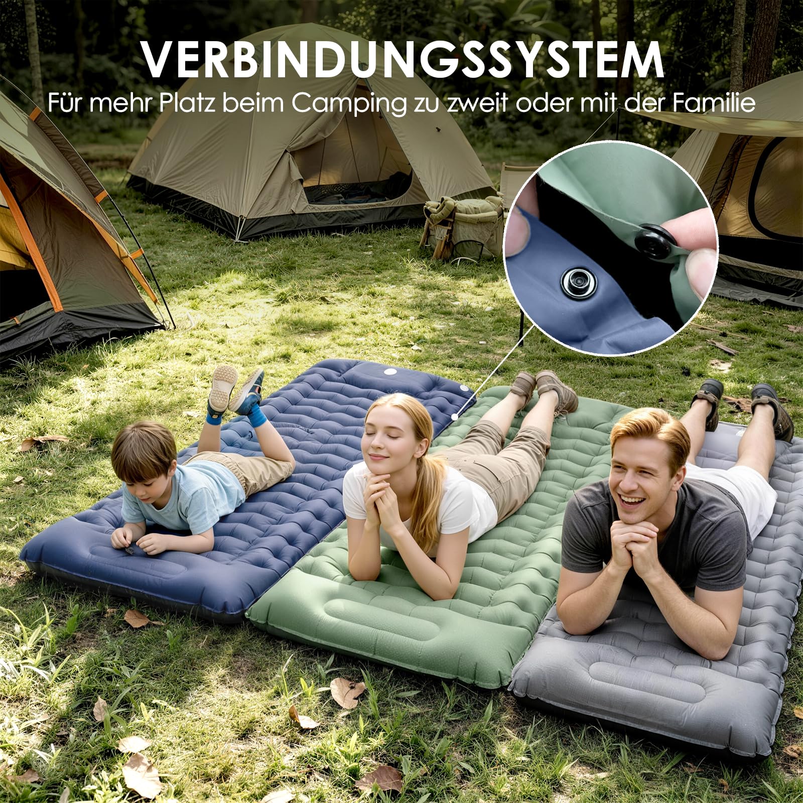 Isomatte Camping mit Fußpumpe, Ultraleichte Luftmatratze mit Kissen, 8cm Dicke Schlafmatte, Verbindbares für Einzel- oder Doppelnutzung, Wasserdicht für Camping