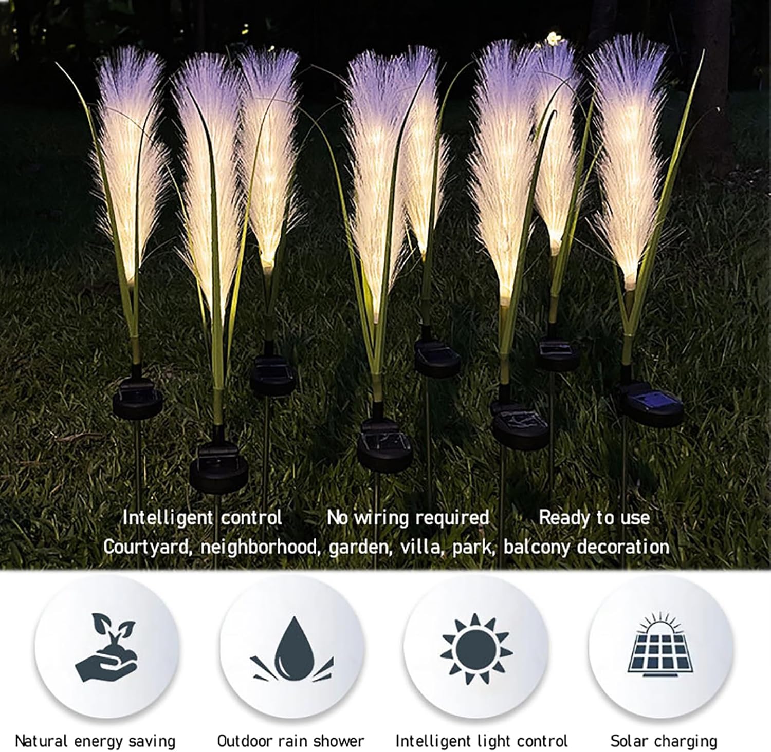MIOBER Solar Outdoor Lights, 2PCS LED Waterproof Solar Fibre Optic Reed Lights Decorative Landscape Light, Garden LED Fibre Optic Reed Lamp for Backyard Lawn Patio Decor,Fibre Optic Reed Lamp