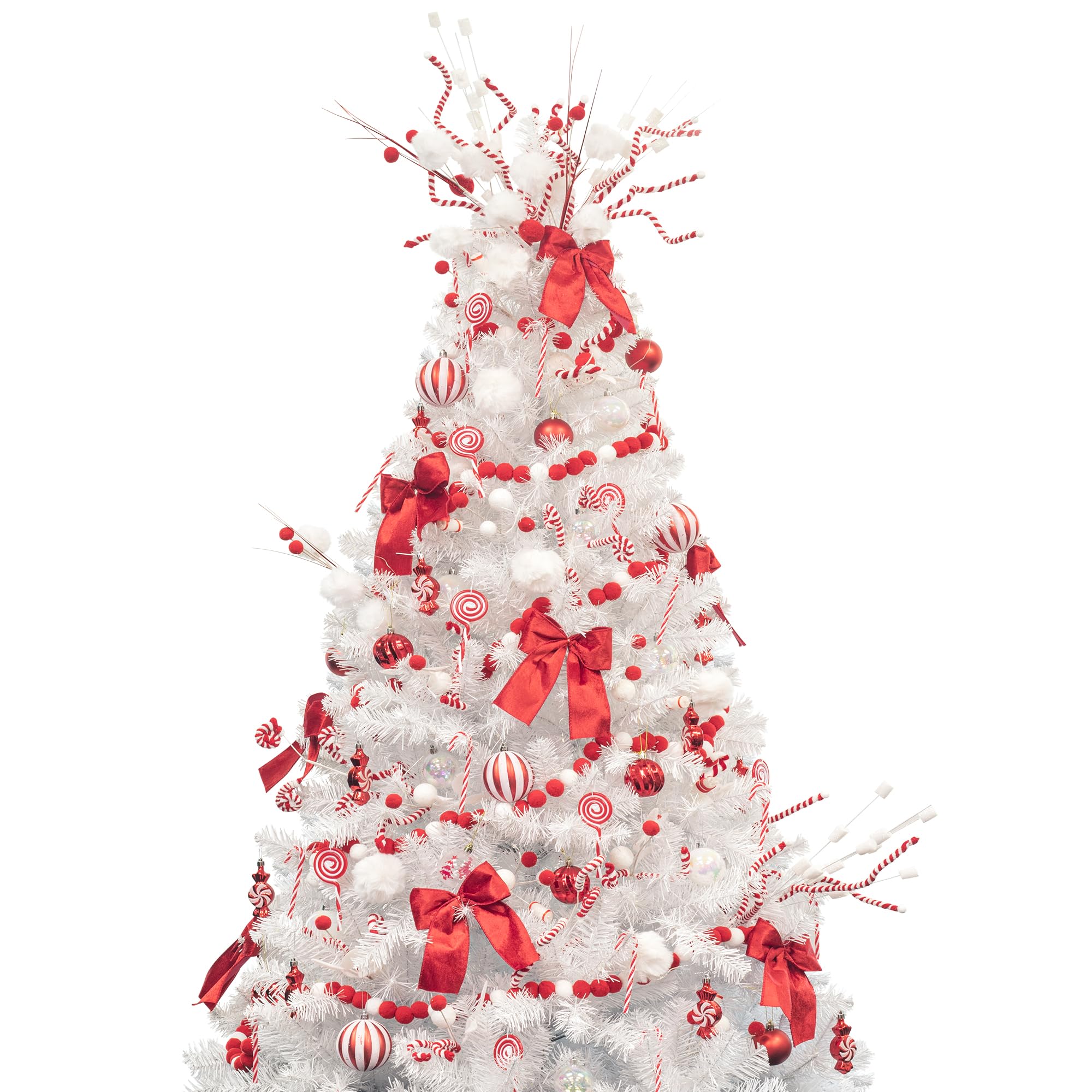 KI Store 6ft Christmas Tree with Ornaments and Lights Red and White All-in-ONE Completed Christmas Tree Set Including 6ft Artificial Tree, Tree Decorations, LED Lights with Remote and Timer