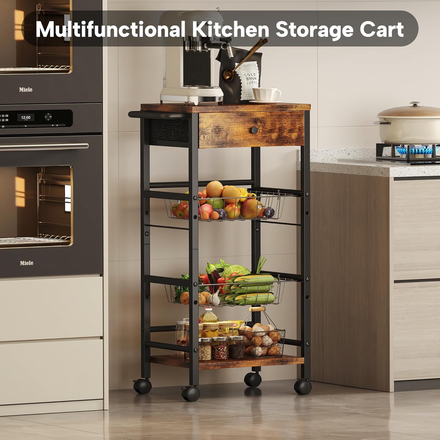 Multifunctional kitchen storage cart in use