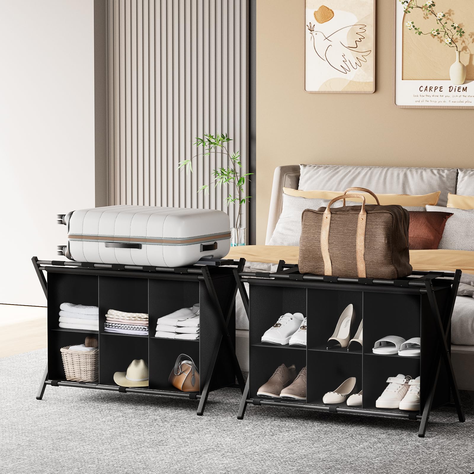 Portapacchi con contenitore, supporto pieghevole in metallo per valigie con 6 ripiani cubici in tessuto, portabagagli portatile, a 2 livelli, per camera da letto, casa, hotel, nero