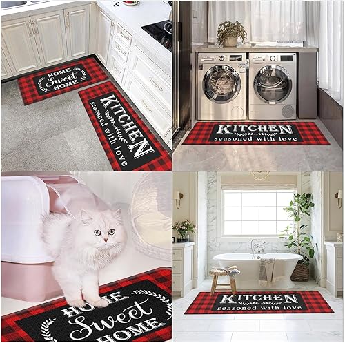 Miniatura 7 de Arttown Juego de 2 alfombras de cocina antifatiga negras y rojas con diseño de búfalo acolchadas, impermeables, antideslizantes, y tapete ergonómico
