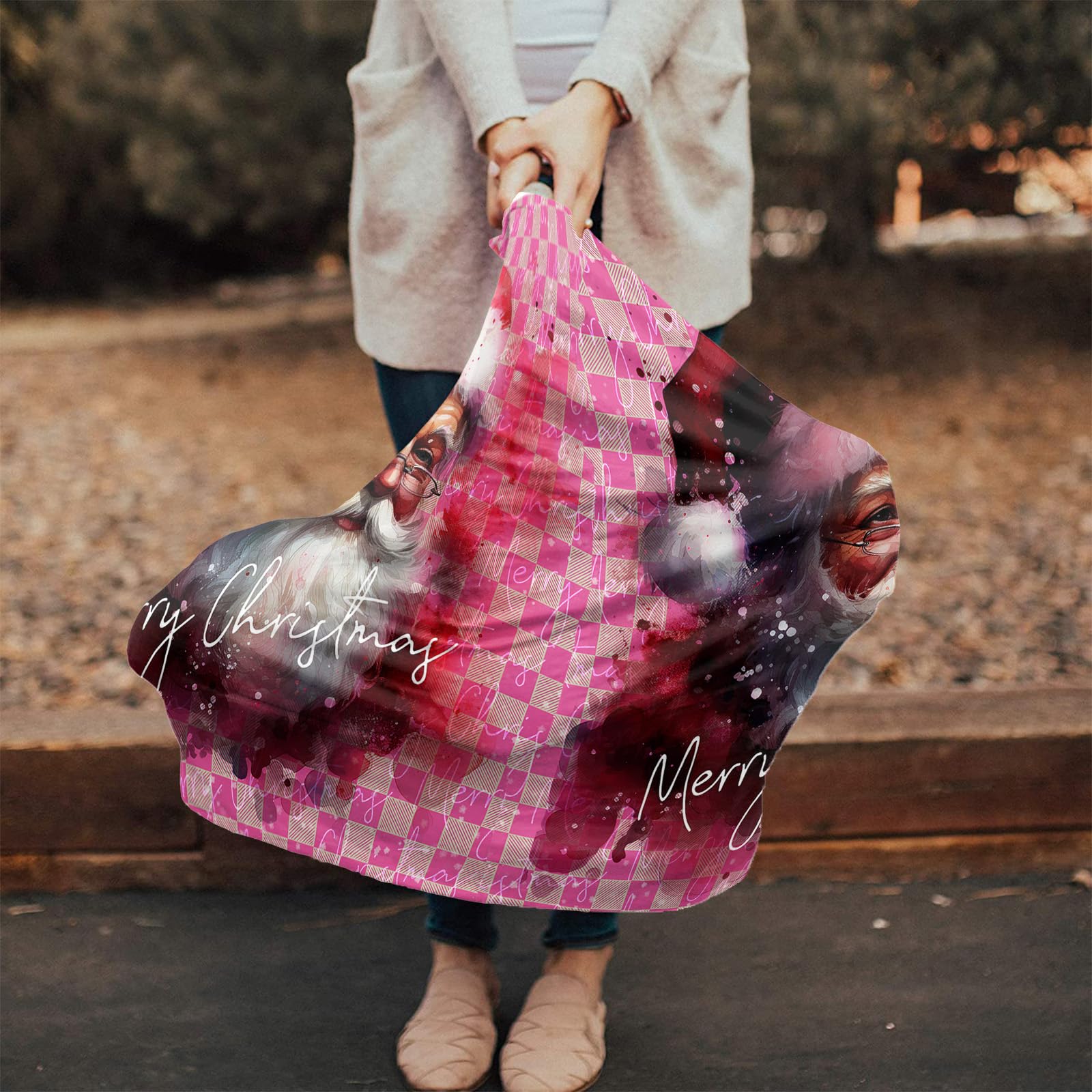 Nursing Cover for Breastfeeding Scarf, Santa Claus Merry Christmas Pink Plaid Baby Car Covers Super Soft Multi Use for Canopy Shopping Cart Cover Blanket Stroller Cover
