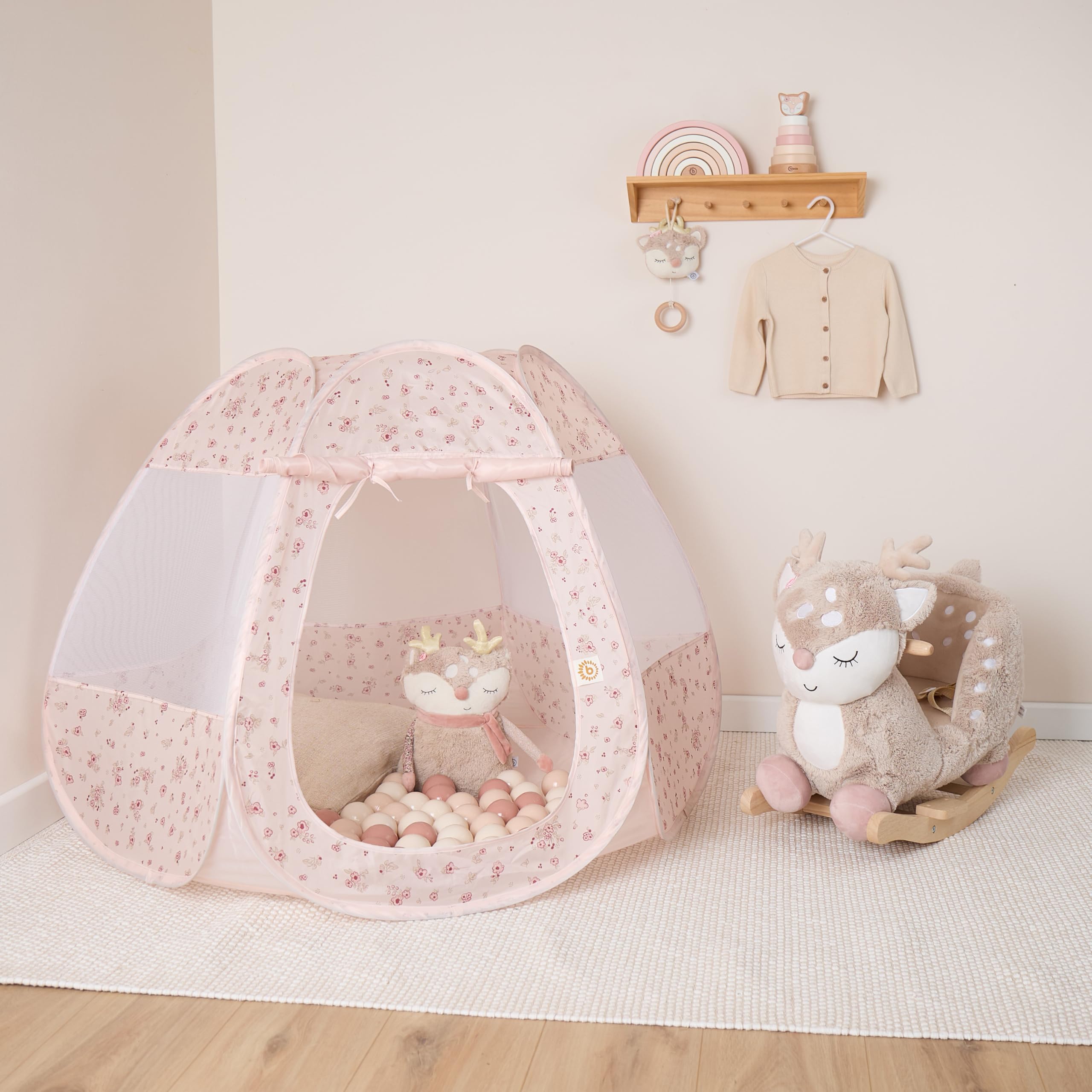 Bieco Namiot dziecięcy i basen z piłkami Pop up Dreamy Flowers z 50 piłkami | Namiot księżniczki dla dzieci | Namiot do zabawy dla dziewczynek
