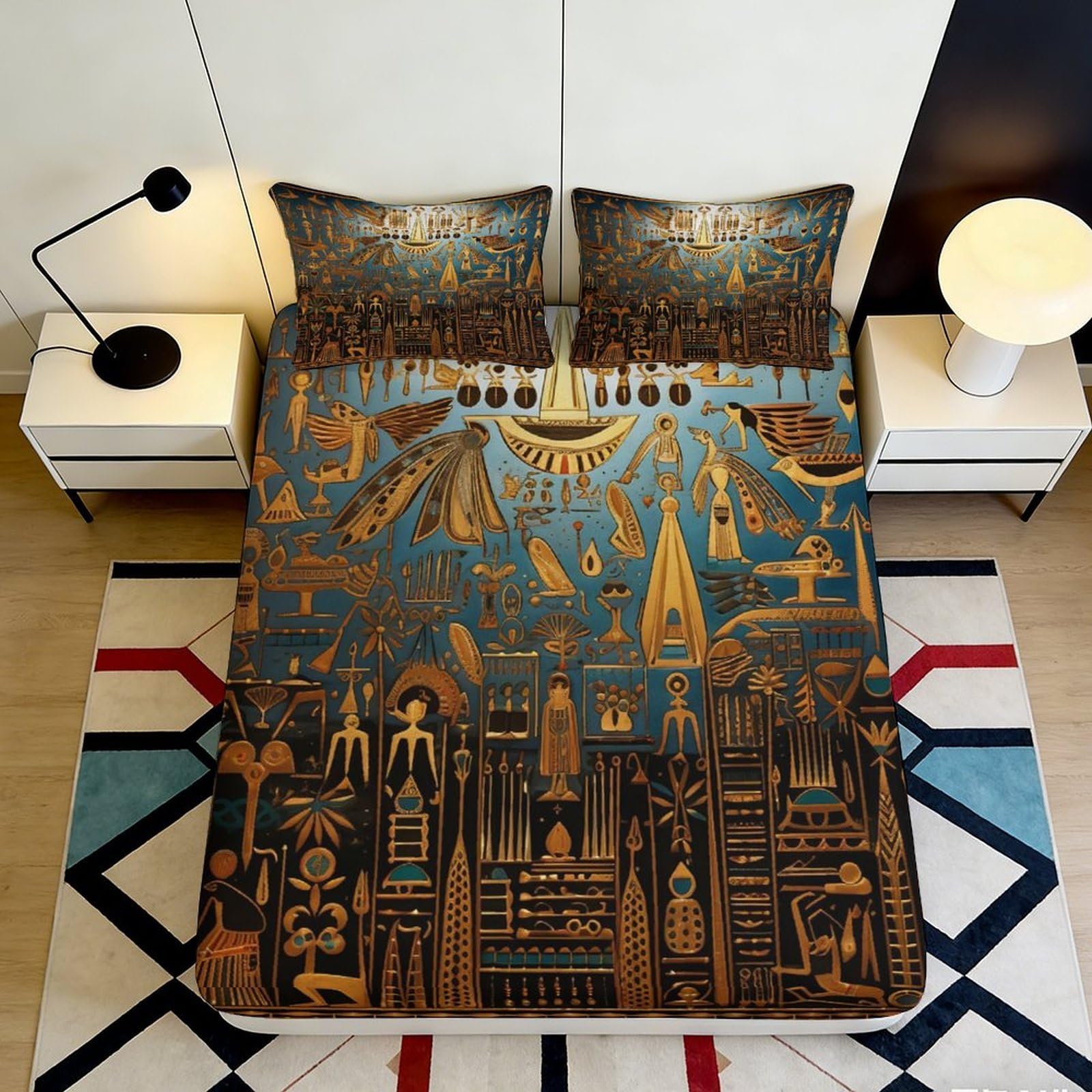 Pnayamiorkfel Style-1 3D Printed Egyptian Hieroglyphs Fitted Sheet Microfiber Soft Blue Gold Ancient Symbols Bed Cover For Bedroom Decor 90X200x25cm