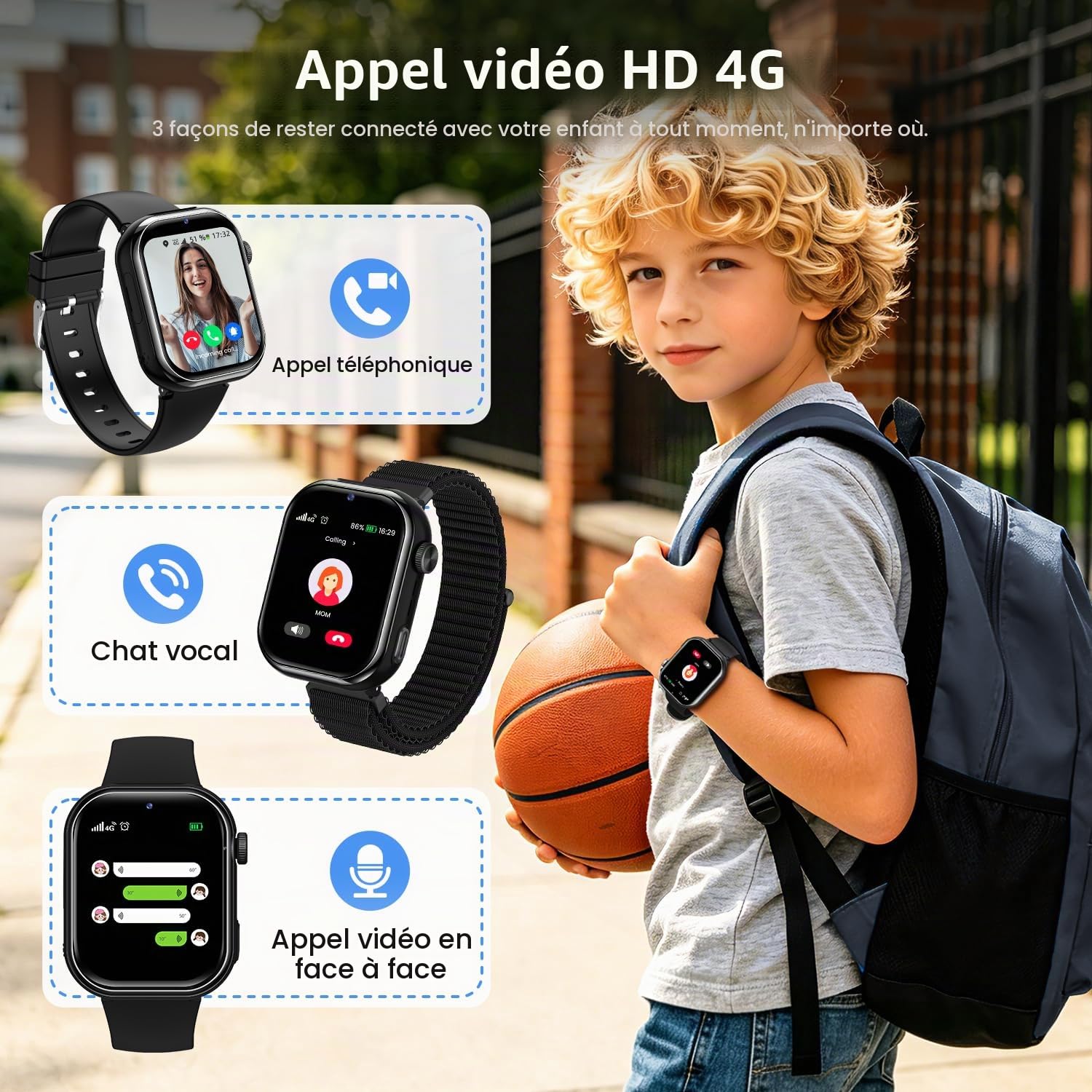 4G Montre Connectée Enfant avec Appel Vidéo, GPS, Double Caméra, Noir | Lampe de Poche, Carte Sim, GPS, Chat Vocal, SOS, IP68, Mode École, Podomètre, Réveil, Smartwatch Enfant pour Garçons Filles