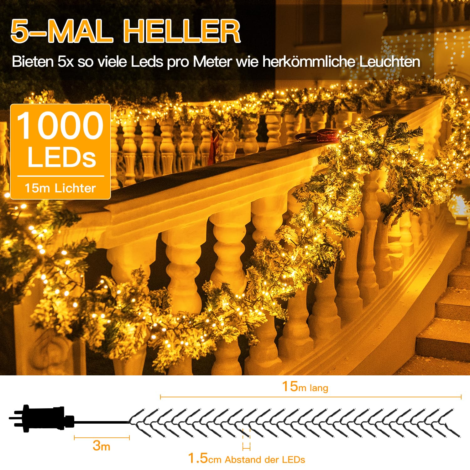 Ollny Catena Luminosa di Natale 1000 LED 15m, Luci Stringa Fata luce Impermeabile con 8 modelli di illuminazione per Interno ed Esterno, Feste, Matrimoni, Albero y Giardino Decorazioni, Bianco caldo