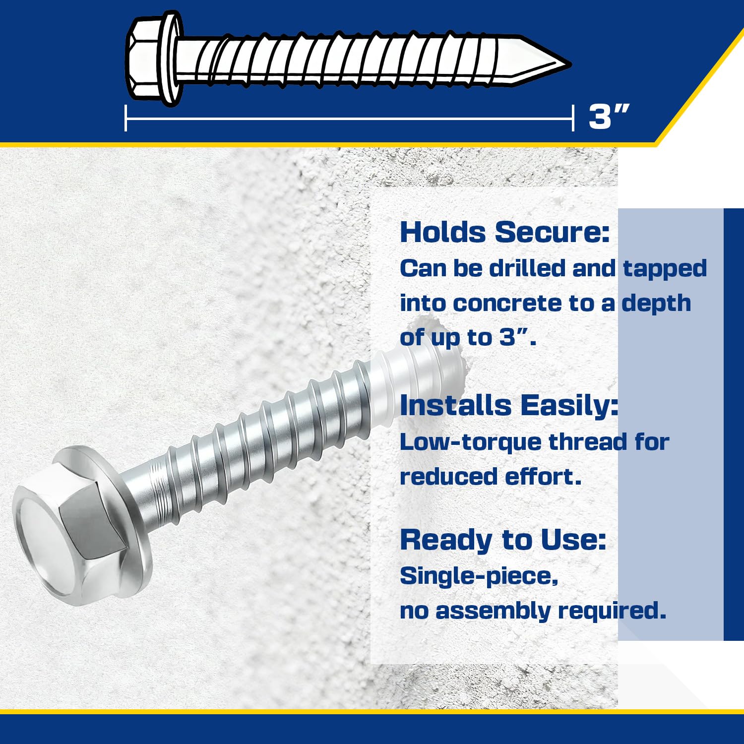 3/8" x 3" Large Diameter Concrete Screw 50 Pack - Heavy Duty Concrete Anchors, Masonry Screws for Brick, Block, Wood & Framing - Zinc Plated Hex Screws