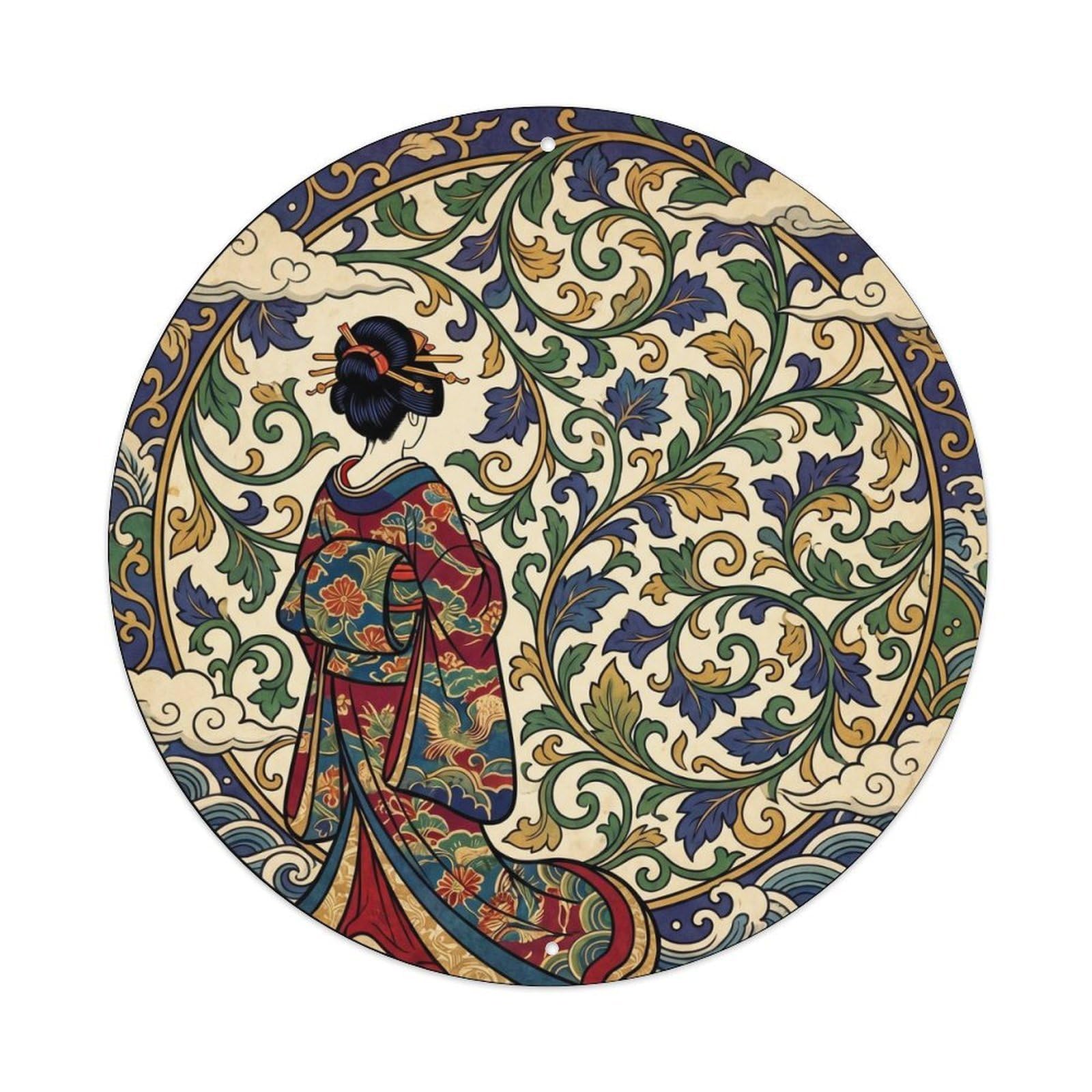 Galvaxio Style Japanese Kimono Woman Viewing Karakusa Arabesque Pattern Metal Tin Sign