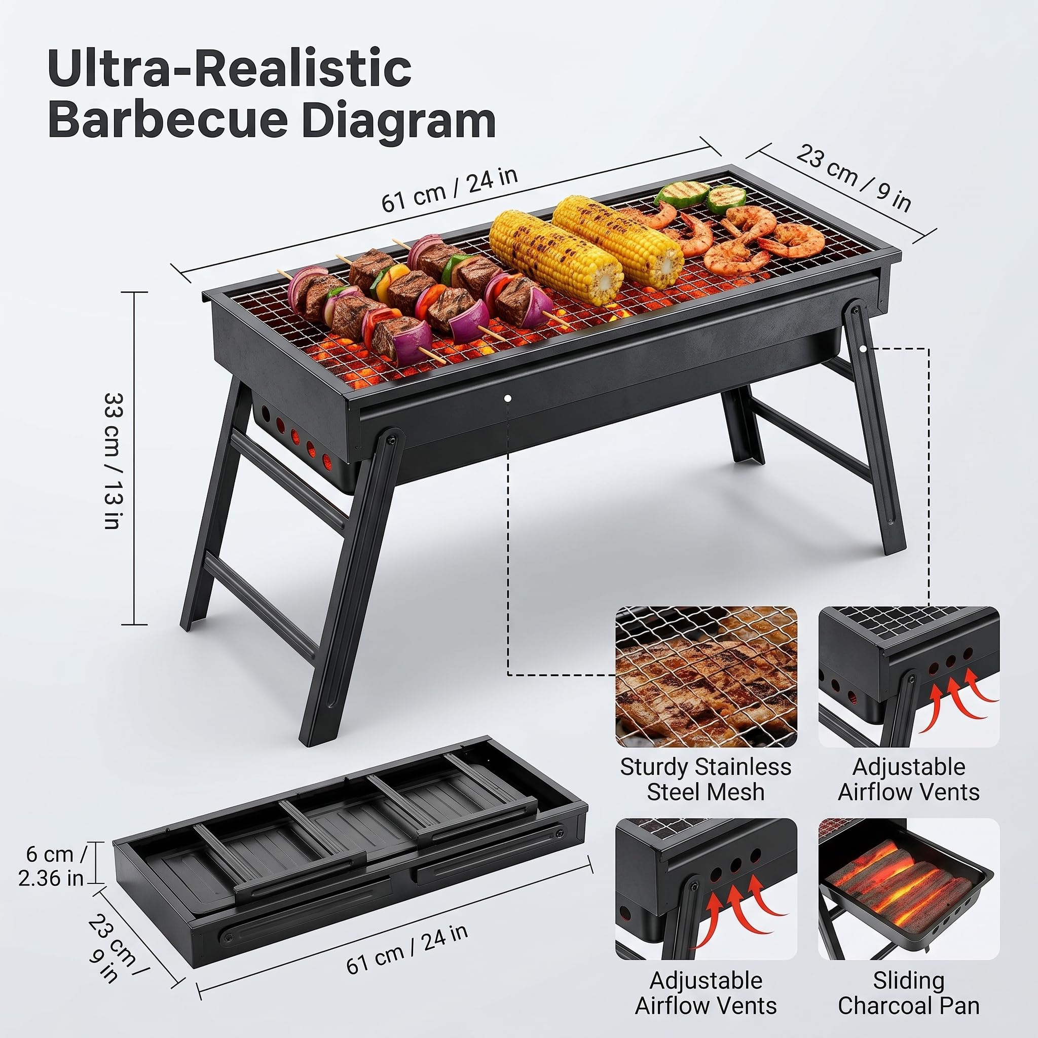 Parrilla de carbón, parrilla de barbacoa portátil, parrilla plegable, parrilla pequeña para barbacoa, herramientas de parrilla al aire libre para camping, senderismo, picnic, viajes, 24x13x9 pulgadas