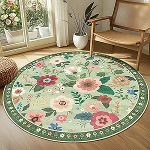 Floral 4ft Area Rug Machine Washable Soft Print Boho Carpet Non Slip Doormat Low Pile Flower Area Rugs for Living Room Bedroom Nursery Kitchen Dining Room Indoor-Light Green