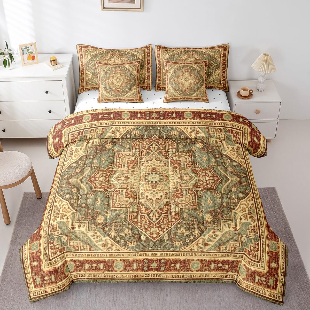 Photo 1 of ***MISSING PIECES*** Vintage Bed in a Bag Terracotta Art Deco Bedding Set, Retro Bohemian Queen Comforter Set 7pcs Oriental Medallion Bedding Comforter Sets, Tribal Paisley Bed Sheets Set Women Girls Aesthetic Room Decor