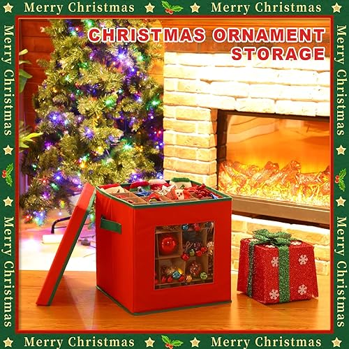 Miniatura 2 de Silkfly Caja de almacenamiento para adornos de Navidad que almacena hasta 64 adornos navideños, bolas de decoración, tela no tejida, contenedor de