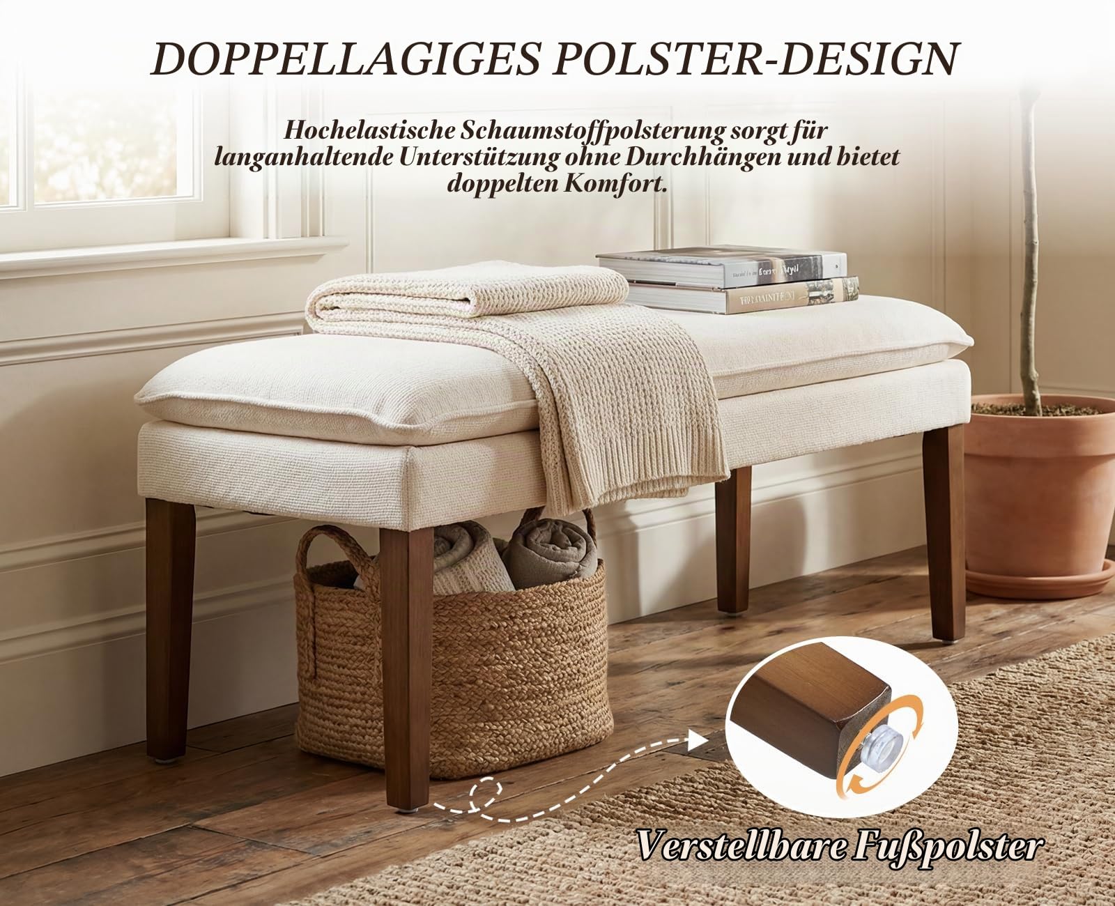 Sitzbank Chenille, Bettbank mit Holzbeinen, Weiß | Polsterbank mit Zweilagiges Polster, Schlafzimmerbank Flurbank Flur Möbel für Schlafzimmer & Flur