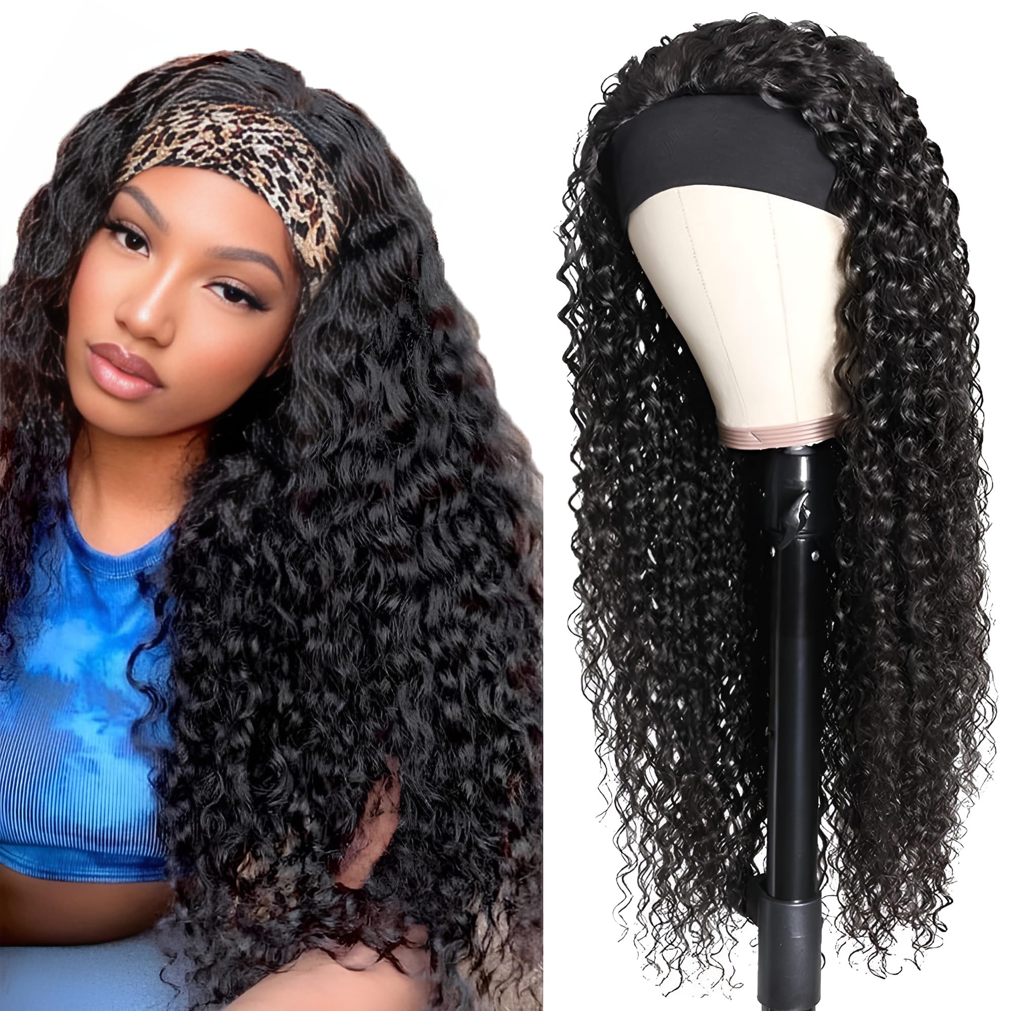 NICMISS Deep Wave Headband Wig Human Hair Curly Headband Wigs for Black Women Human Hair 26 Inch Glueless None Lace Front Wig Brazilian Virgin Hair