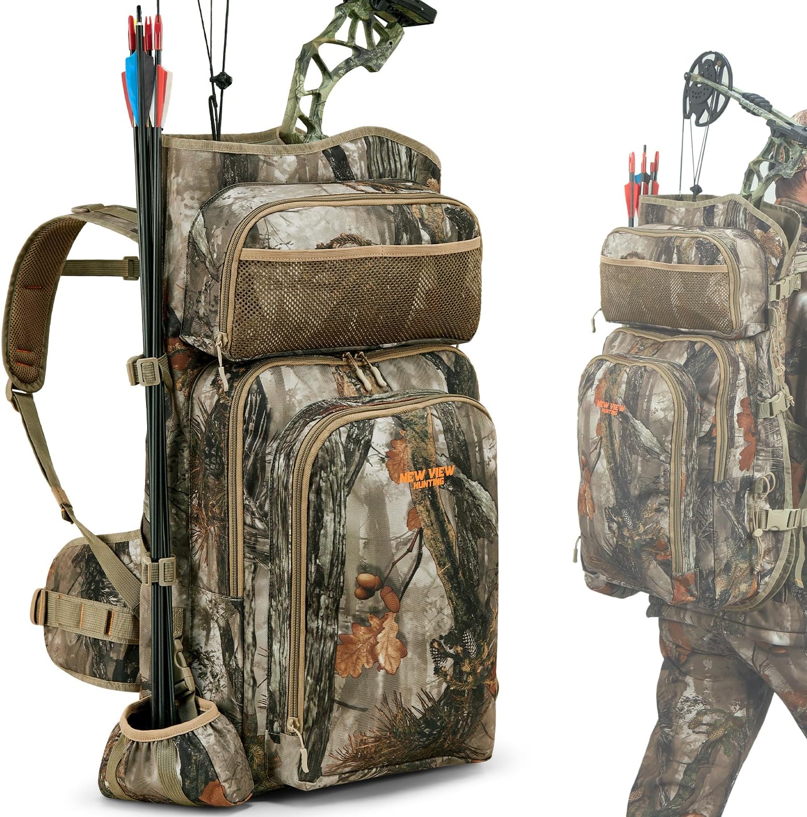 NEW VIEW Camo Bow Hunting Backpack for Men - Saddle Back Pack with Bow Holder, Elk and Deer Hunting Bag Large & Lightweight - Archery Accessories for Compound Bow Storage