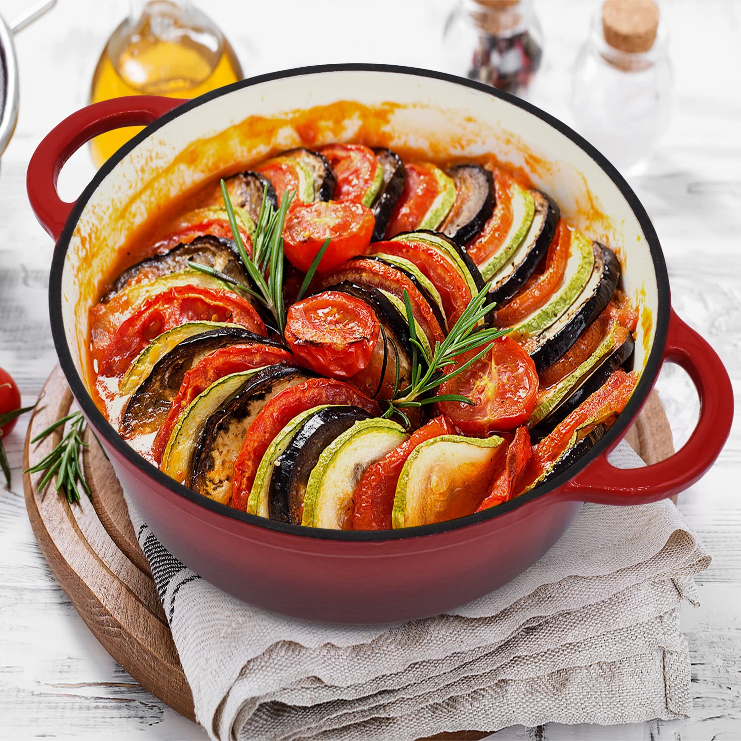 Joeji's Kitchen Żeliwne naczynie żaroodporne z pokrywką do piekarnika i płyty kuchennej, emaliowany garnek z powłoką nieprzywierającą do kuchenki i piekarnika, 28 cm