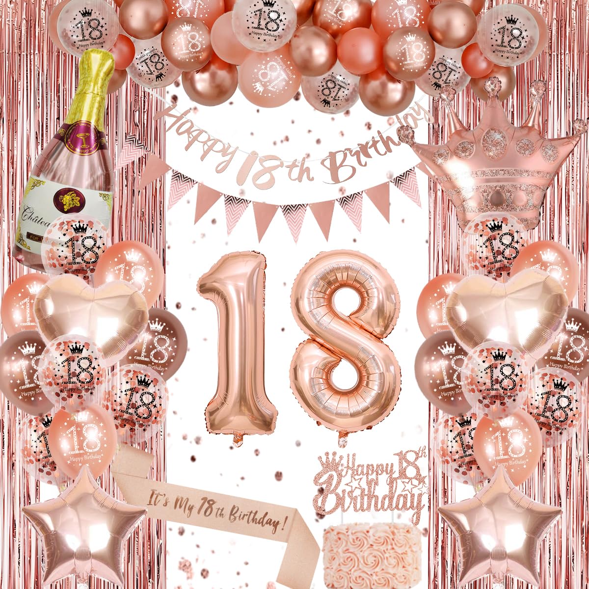 Rose Gold 18th Birthday Decoration for Girls - Happy 18th Birthday Banner, Triangle Flag Banner, Number 18 Balloons, Foil Curtains for Party Decorations