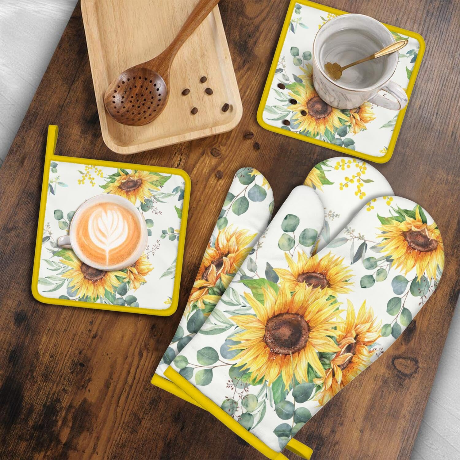 Juego de 4 manoplas de horno y soportes para ollas, decoración de cocina de girasol de granja, extra gruesos, resistentes al calor, guantes de horno y almohadillas calientes para hornear, cocinar y