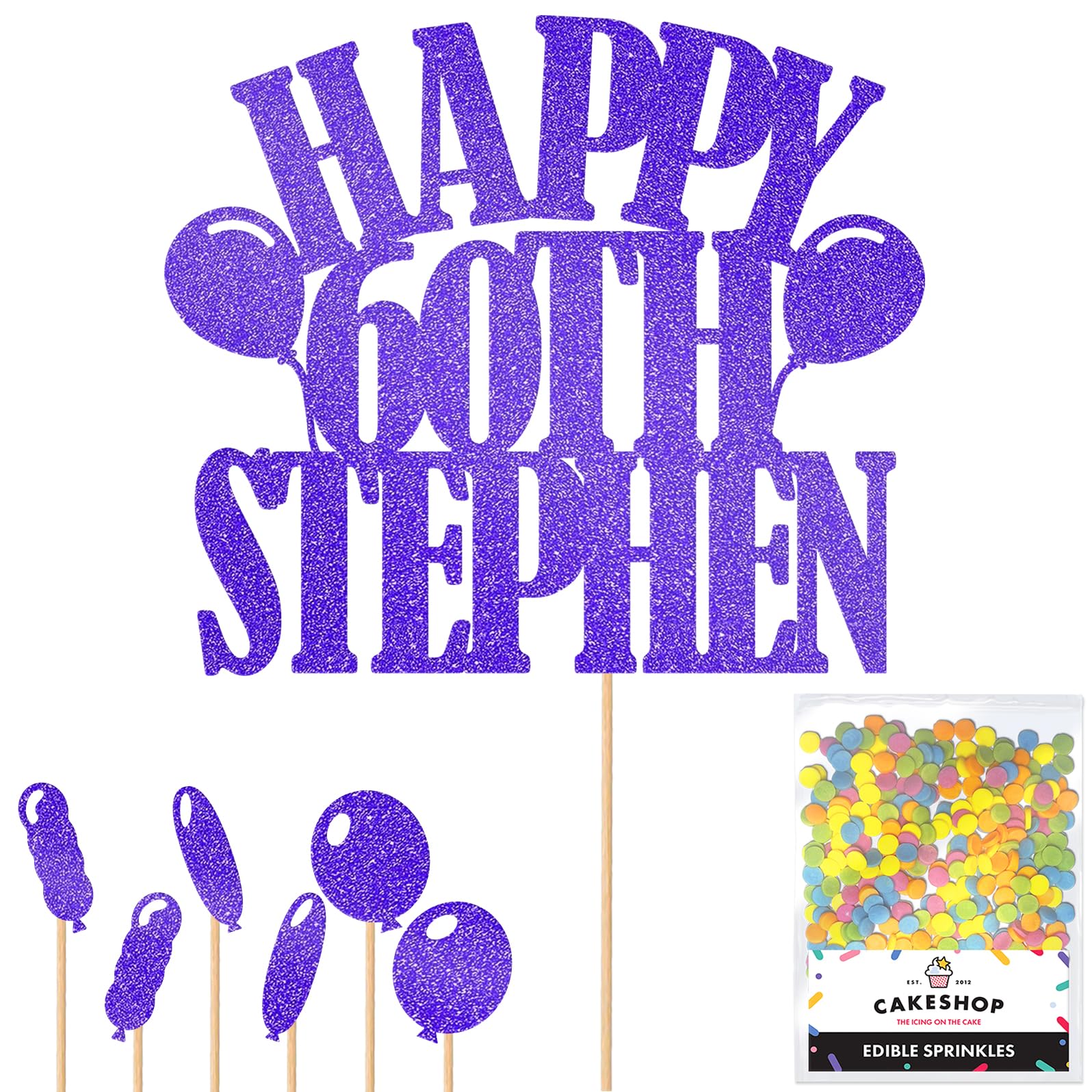 Personalised Happy Birthday Glitter Cake Topper Balloons - Bright Blue Any Name Age Glitter Cake Decoration and Sprinkles - Happy Birthday Decorations - Personalised Toppers for Cakes by Cakeshop