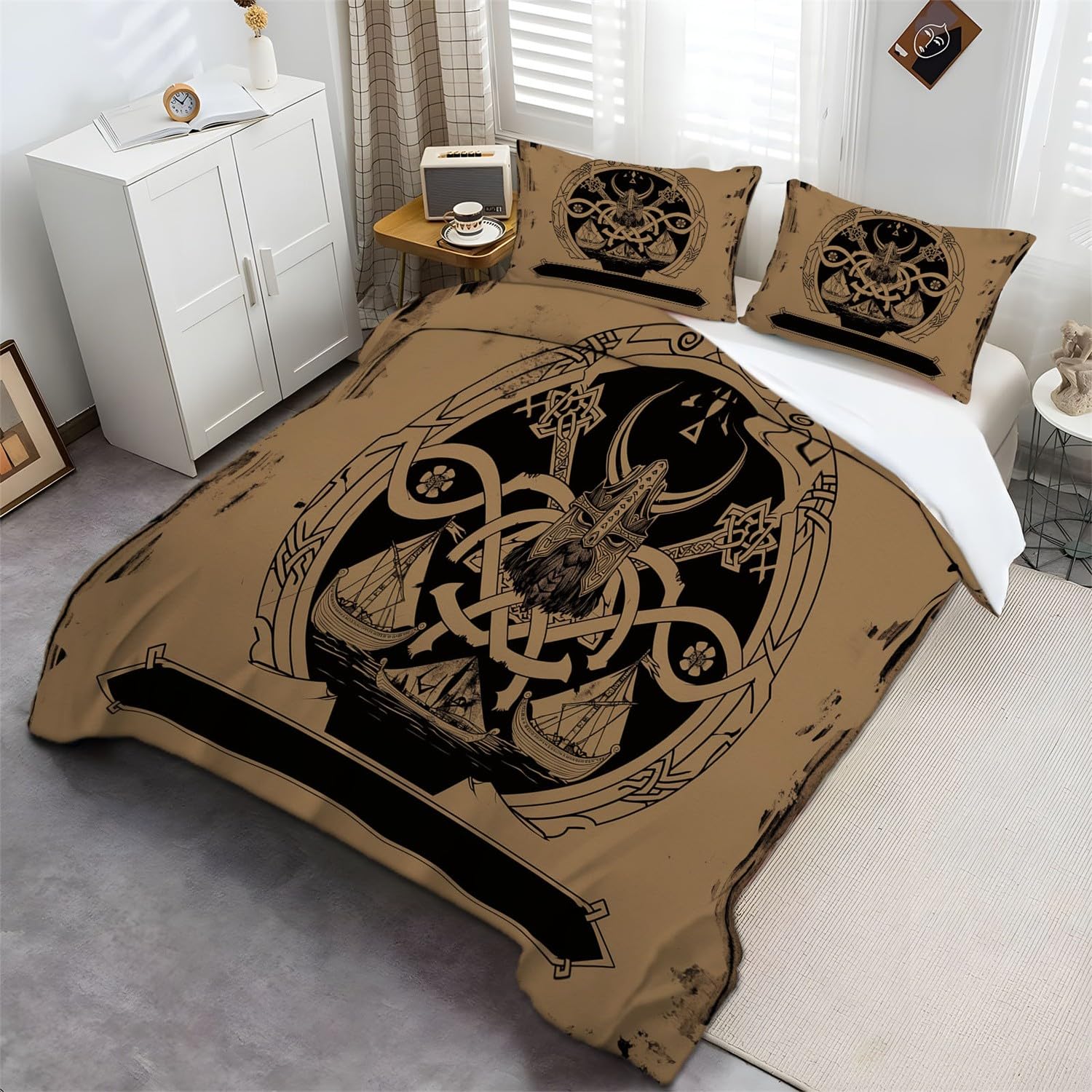 Poszwa na kołdrę z emblematem wikingów vintage poszwa na kołdrę 220 x 240 cm zestaw pościeli dla nastolatka chłopca dorosły dekoracja sypialni brązowy czarny jasny zestaw poszewek na kołdrę