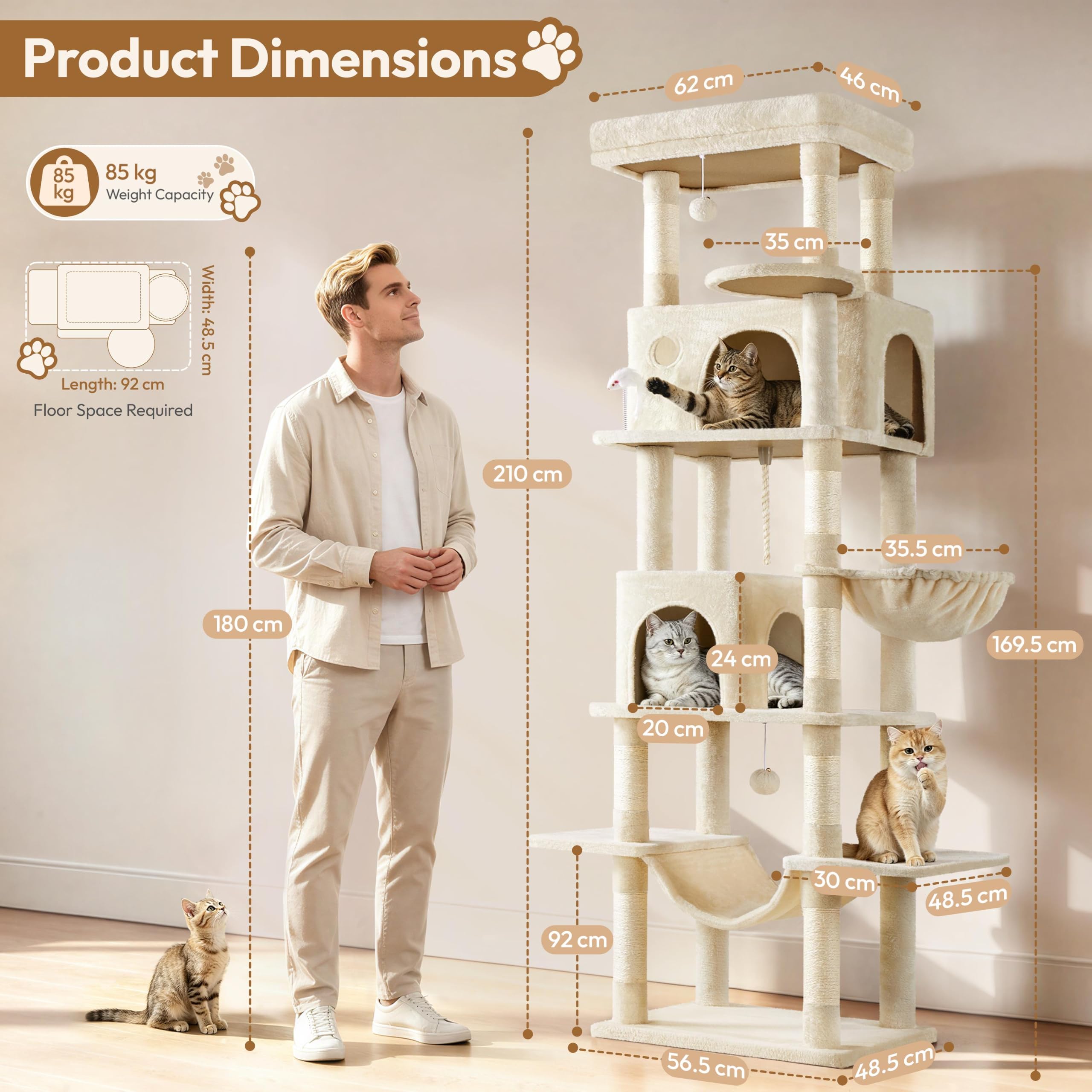 Yaheetech Albero Tiragraffi per Gatti XXL Alto 210 cm a 6 Livelli Beige