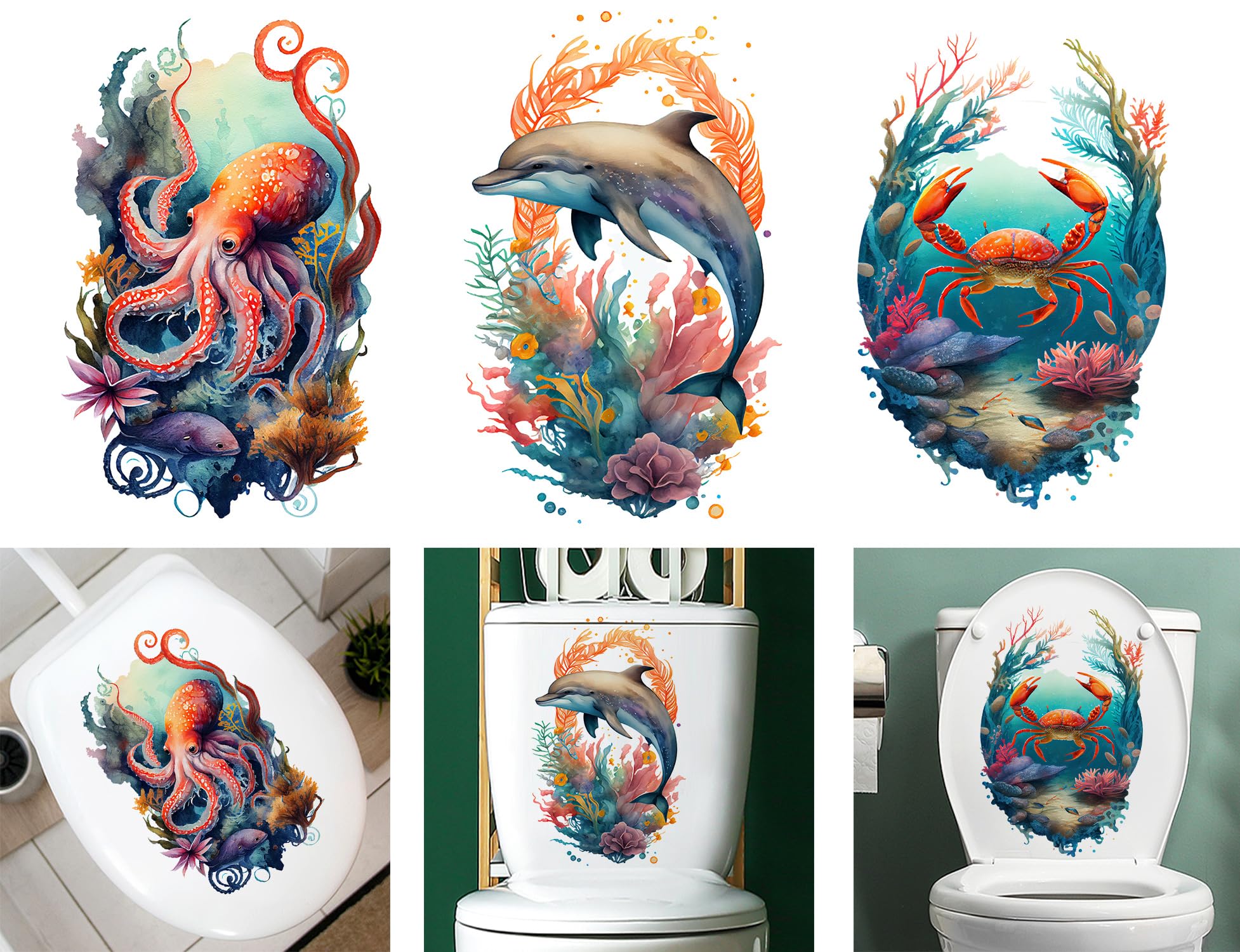 Stickers abattant toilettes mer pieuvre crabe reservoir vitre