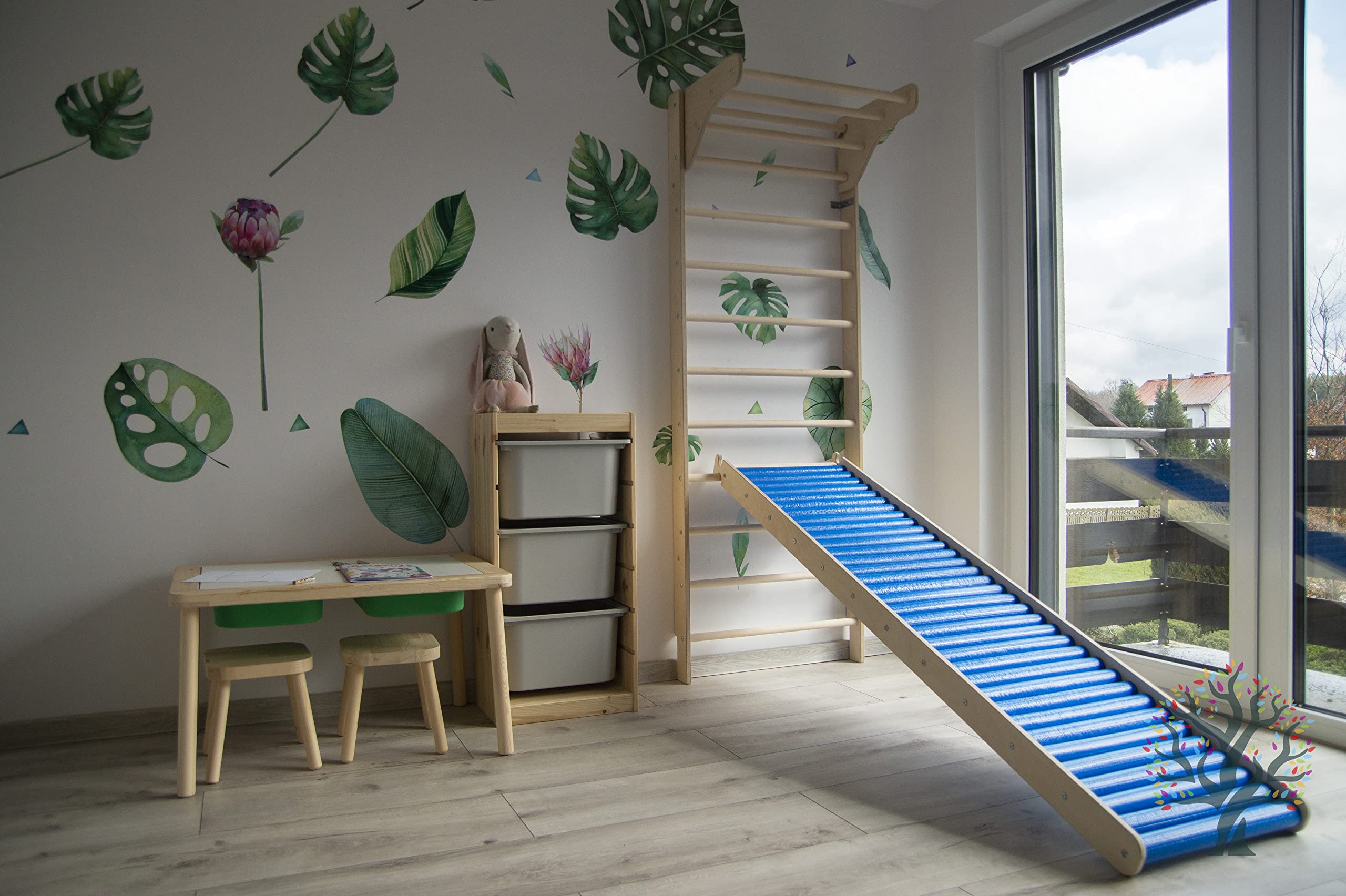 WoodsCraft Sprossenwand für Kinderzimmer | Holz Kletterwand für Kinderzimmer | Klettergerüst Indoor & Turngeräte für Kinder | Indoor Spielgeräte | Wall Bars für Kinder Klettern Indoor