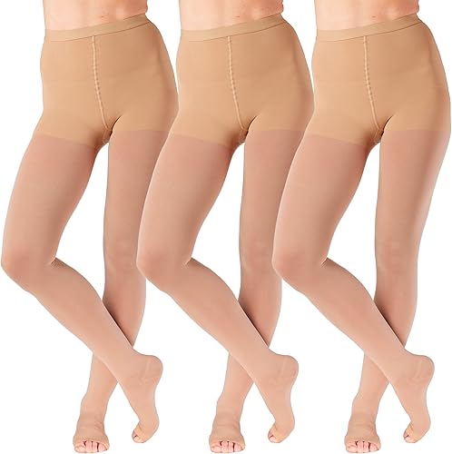 Paquete de 3 pantimedias de compresión de 20 a 30 mmHg para mujer con punta abierta, talla S a 5XL