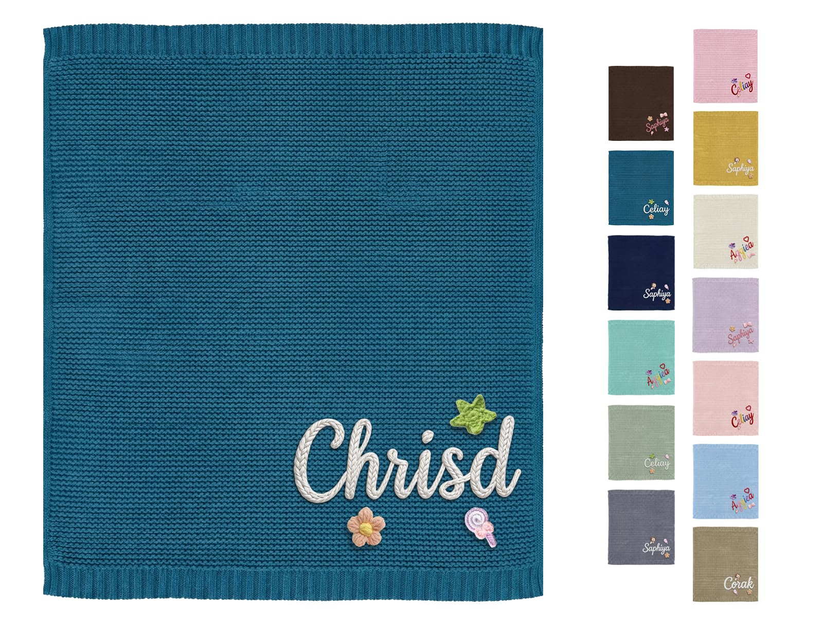 CGFN Personalised Baby Blanket with Name for Newborn Boys & Girls, Pure Knitted Cotton, Unique Christening, Soft Keepsake Blanket 100x80cm (Dark Blue)