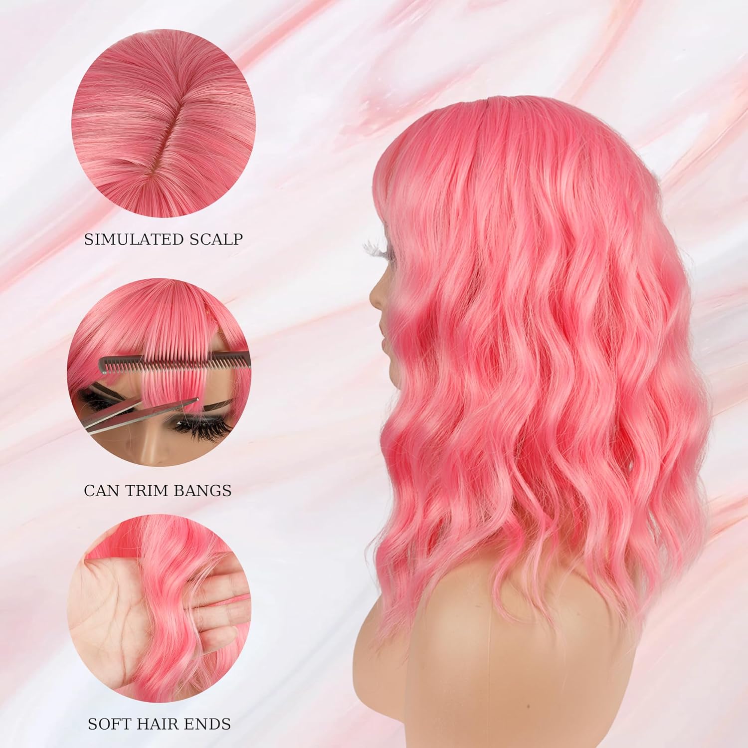 Light Pink Wig with Bangs for Women Loose Wavy Bob Wigs Shoulder Length Colorful Red Hair Heat Resistant Synthetic Wigs for Daily Cosplay Party Use (Light Pink)