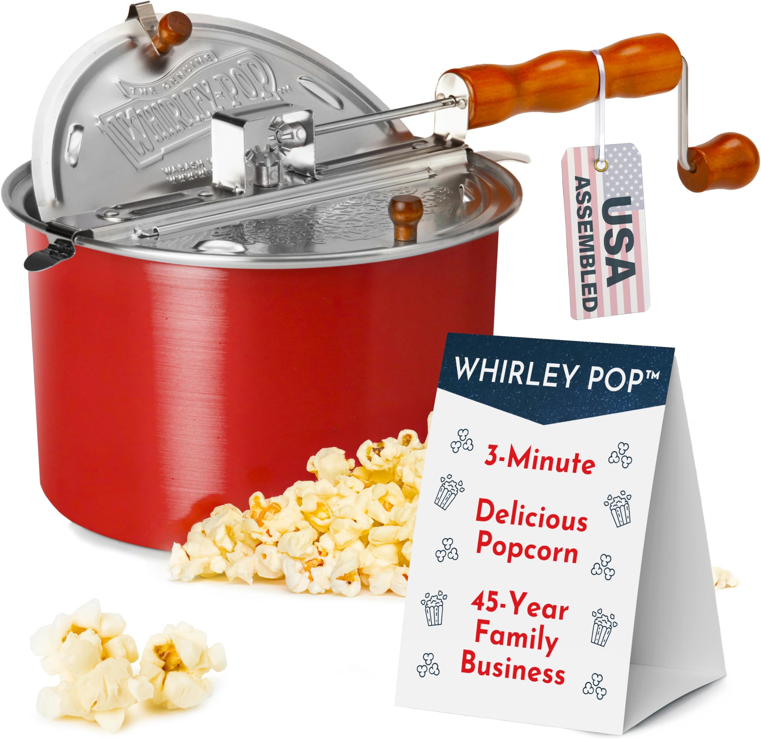 Wabash Valley Farms Original Whirley Pop Popcorn Maker - 6 Quart Aluminum Popper With Metal Gears, Stove Top Gourmet Pot (Red)