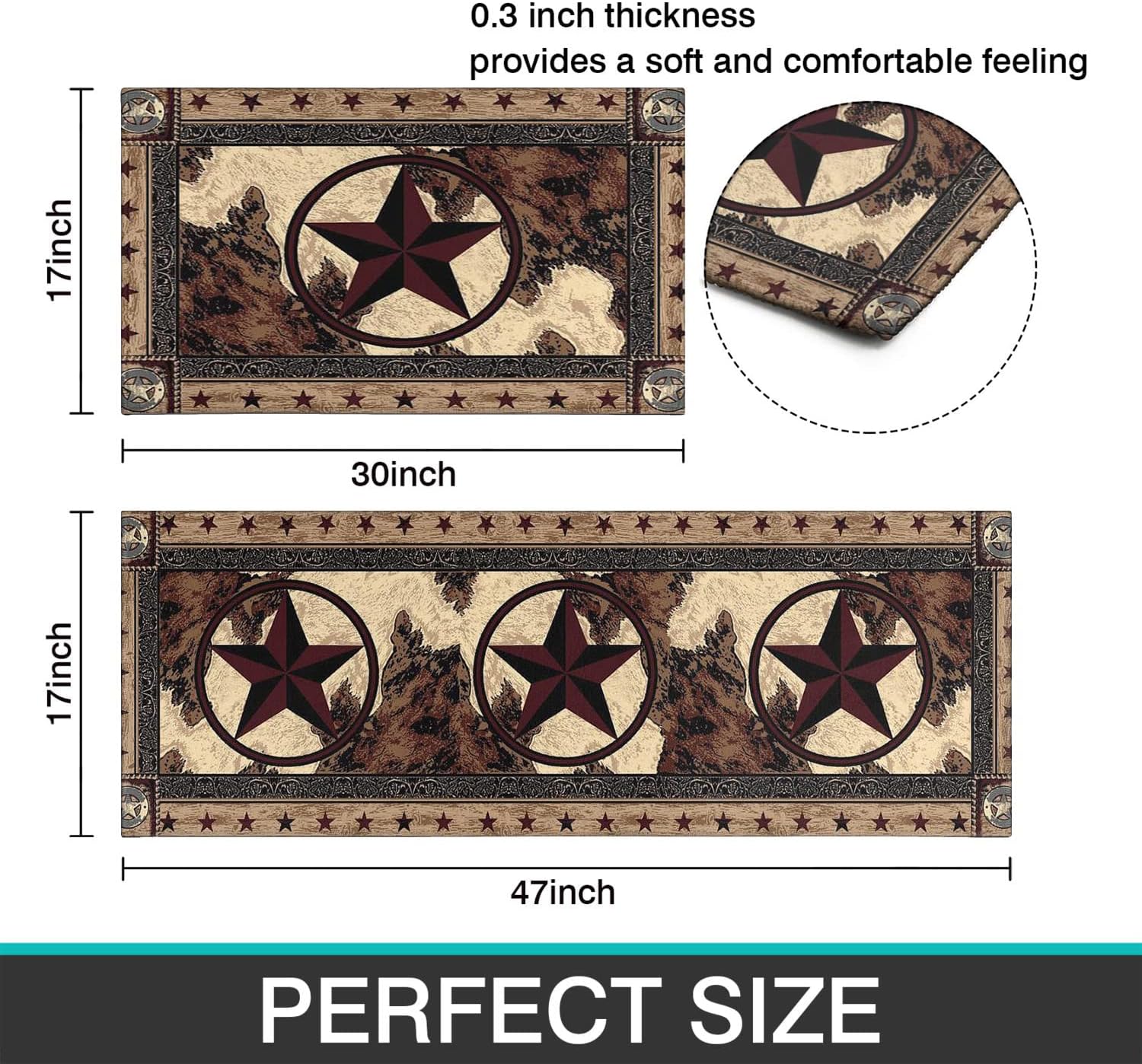 Faptoena Rustic Kitchen Rugs and Mats Sets of 2,Western Texas Star Kitchen Decoration Non-Slip Absorbent Kitchen Mat for Sink Waterproof Floor Mat for Laundry Room,17x30+17x48inch