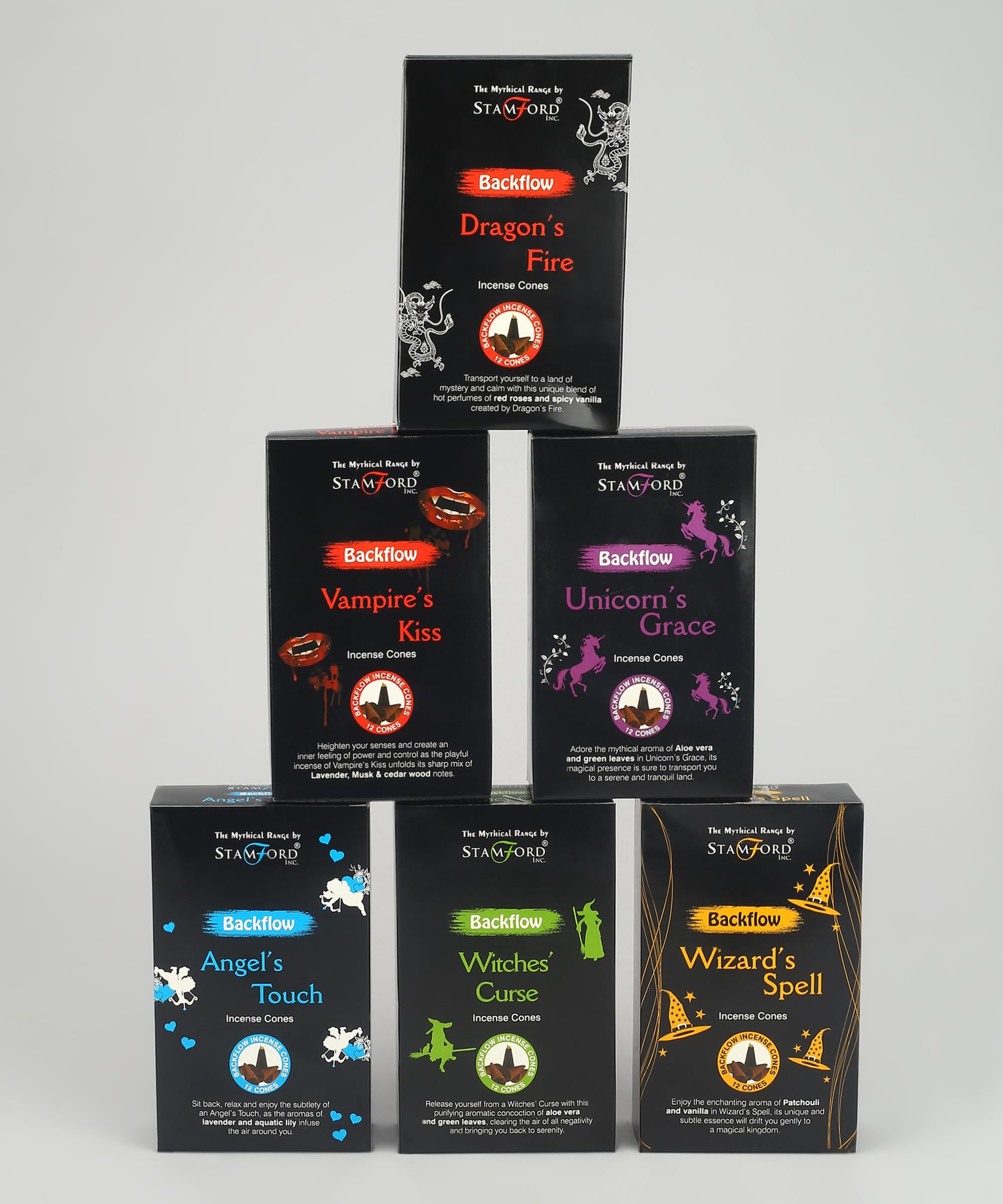 Stamford Mythical Range Backflow Incense Cones, 6 Fragrances, 12 Cones per Pack, For Meditation and Relaxation